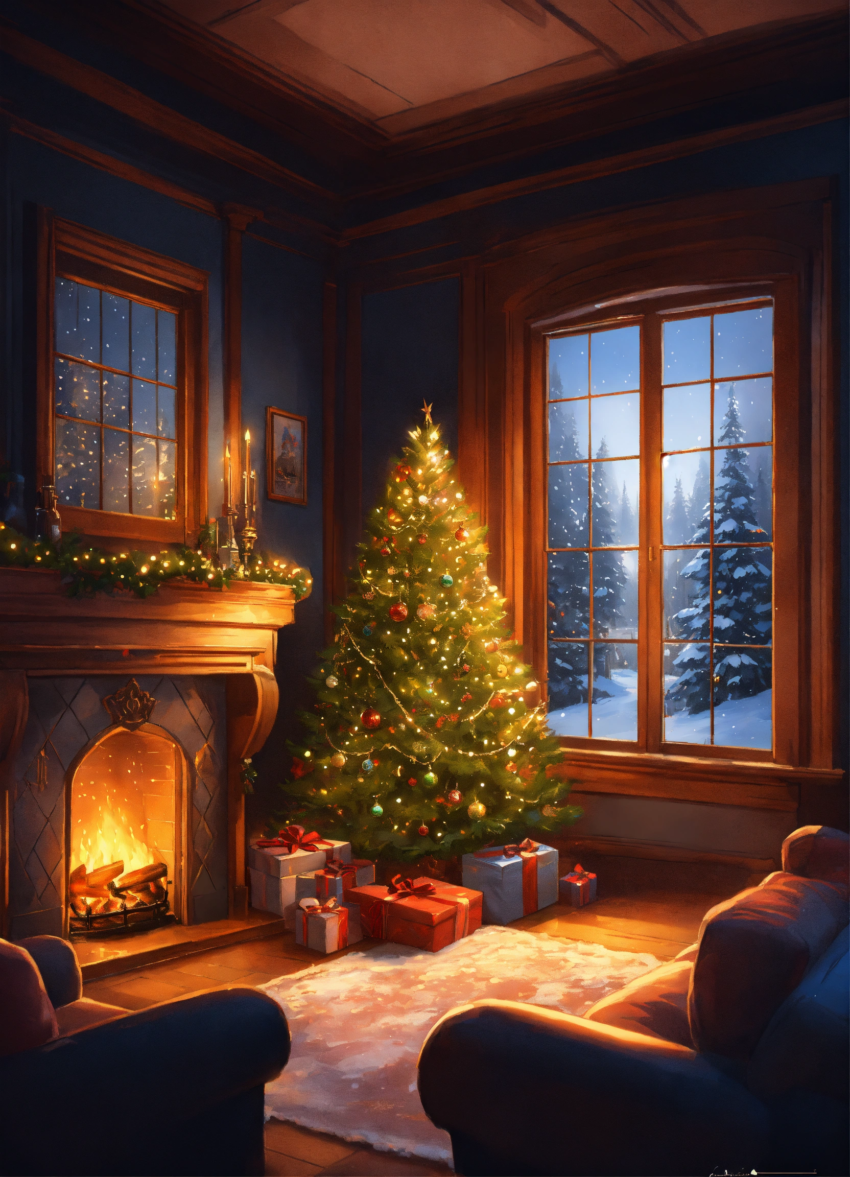 Lexica - Cristmas tree, cozy room, snow behind the window, fireplace ...