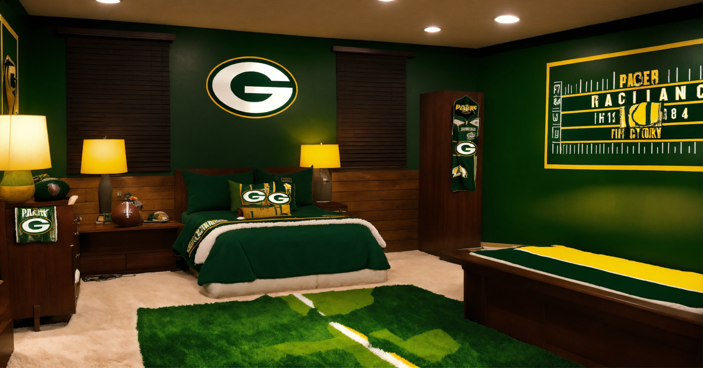 Lexica - Green bay packer theme bedroom, fluffy rug, dark wood, night ...
