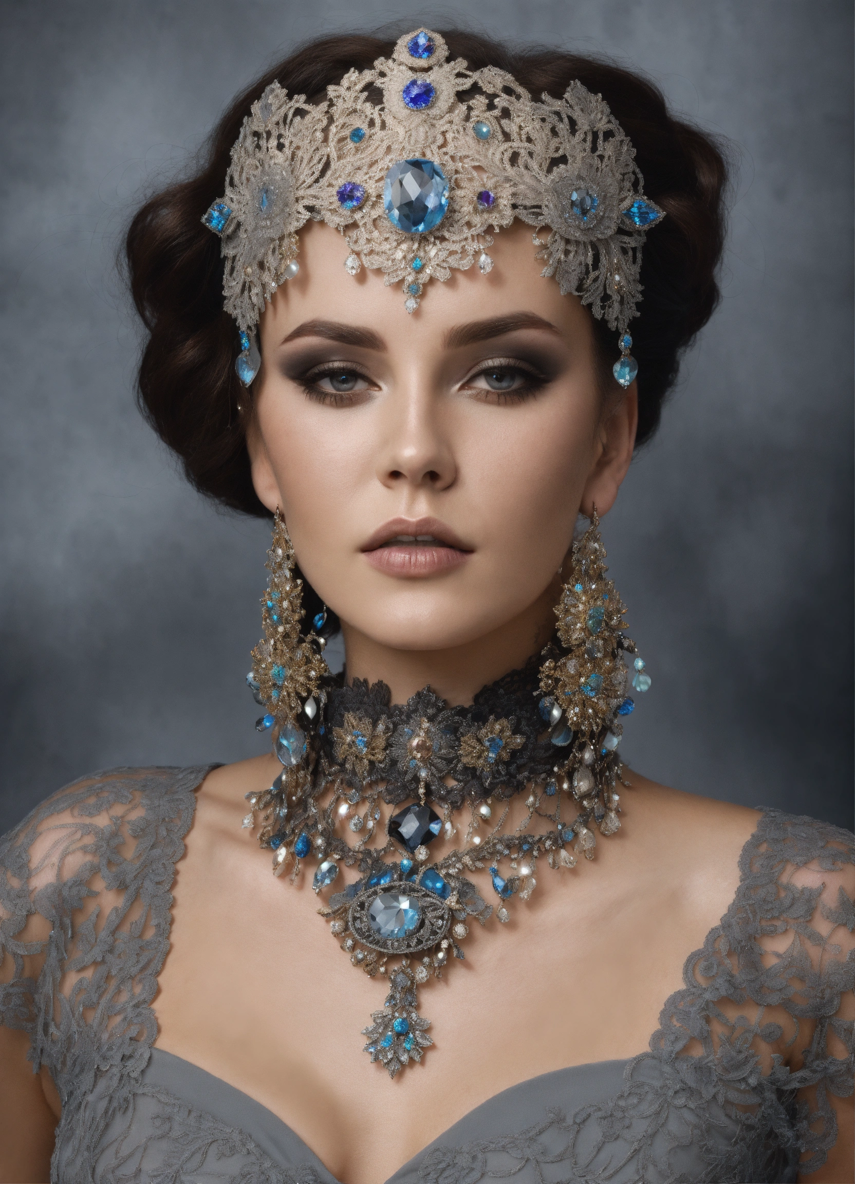 Lexica - A woman wearing luxurious detailed shades of silver and dark ...