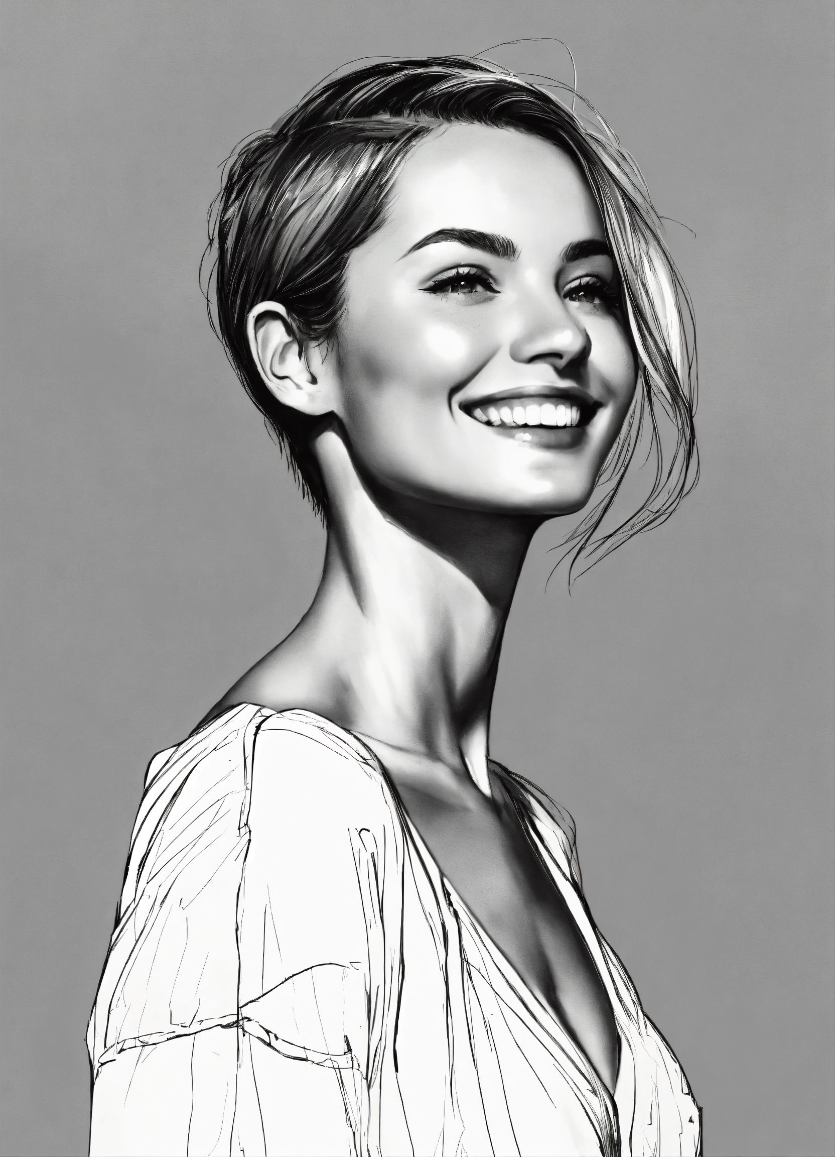 Lexica - Black and white line drawing, white background, upper body ...