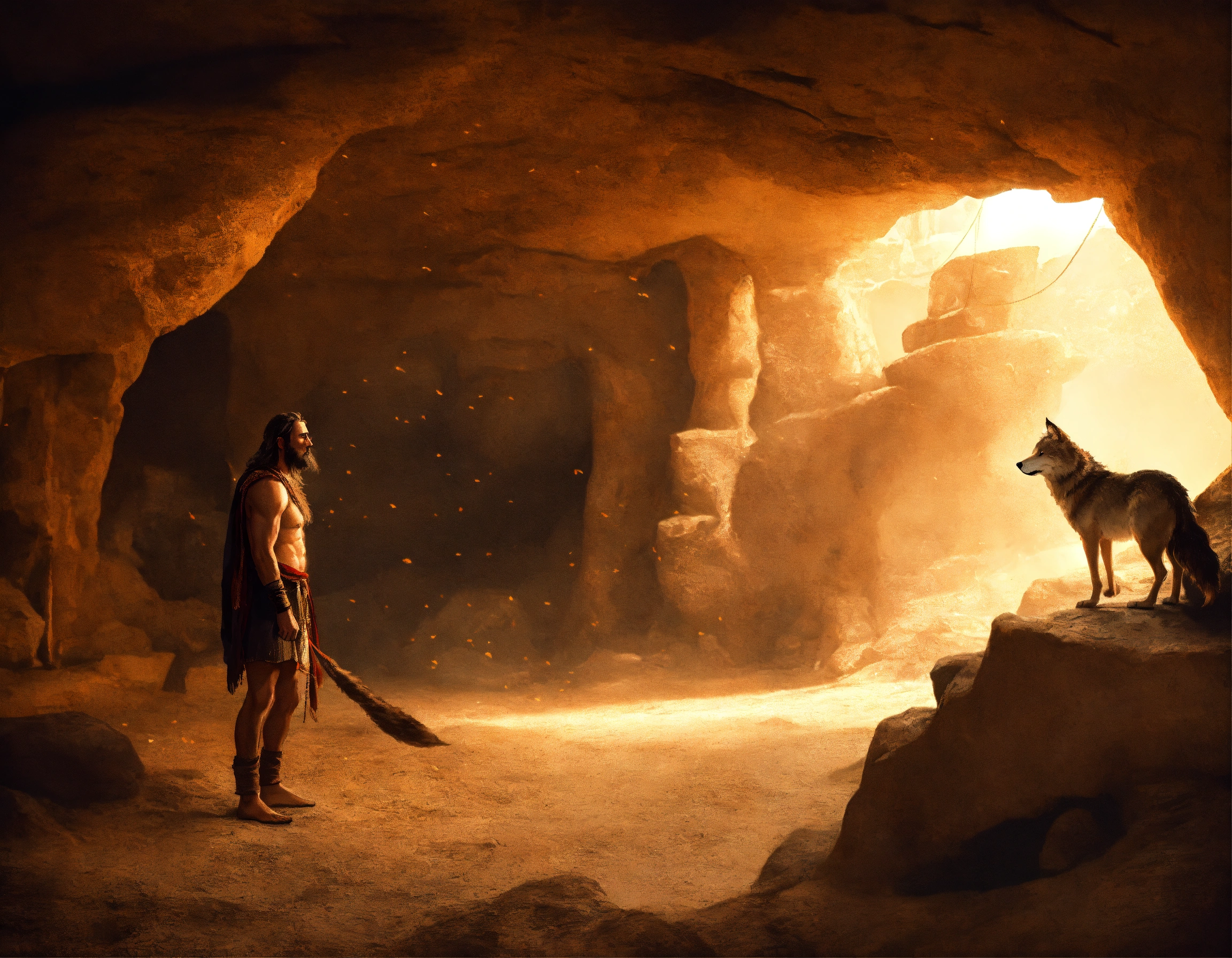 Lexica - An ancient man in a cave with a wolf