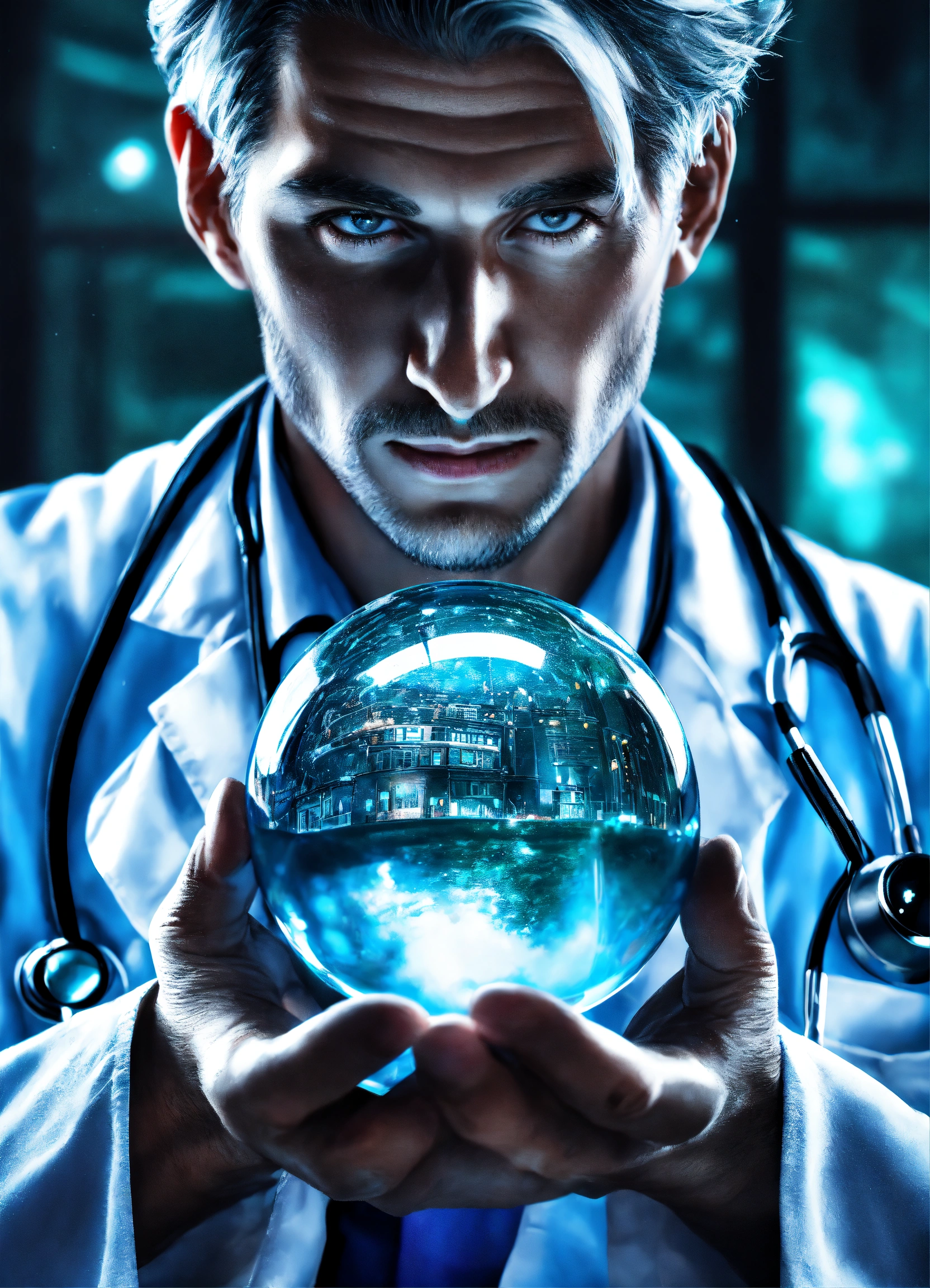 Lexica - A hyper-realistic photograph of a doctor holds a blue crystal ...