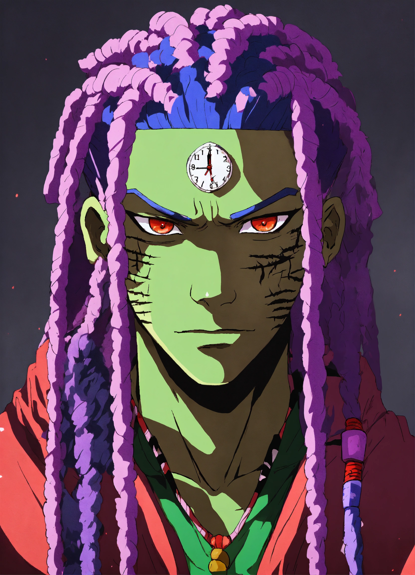 Lexica - African Naruto sage mode anime character, fit build, long green  hair, which is styled in a wild purple dreads and untamed manner, red frog  l...