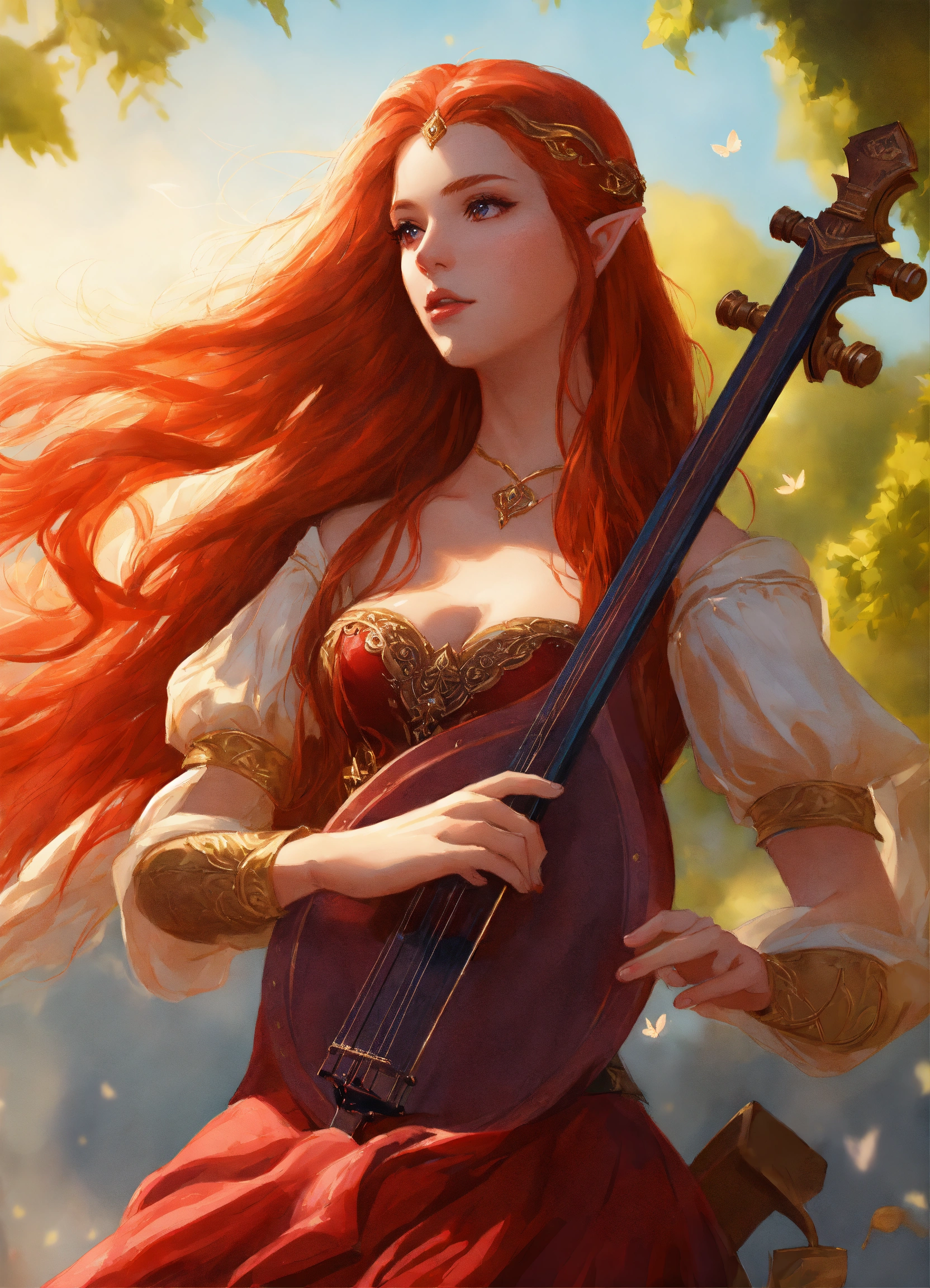 Lexica - Beautiful bard female elf, long red hair, royal, holding a ...