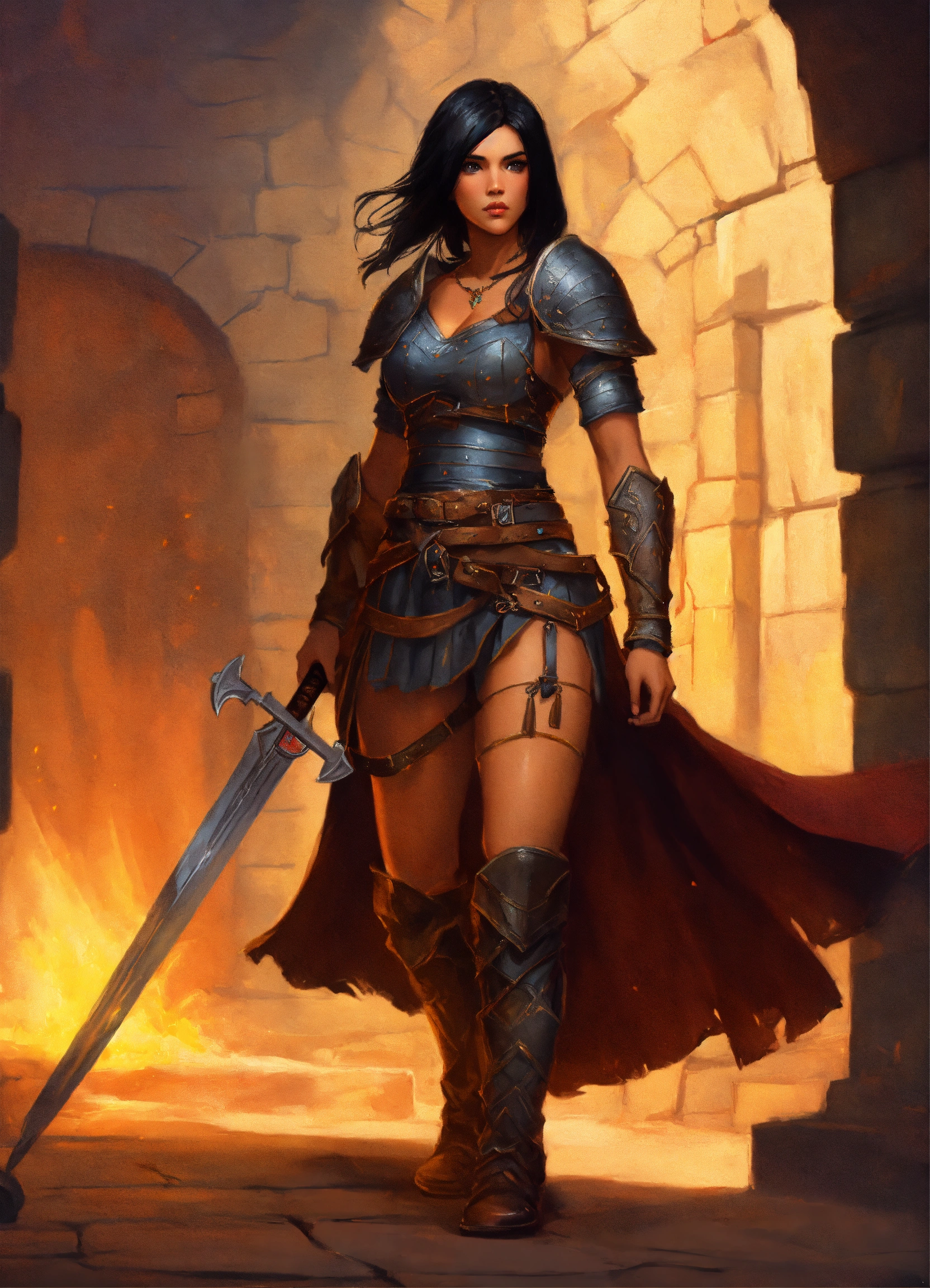 Lexica - Black-haired female warrior prisoner, d&d fantasy art