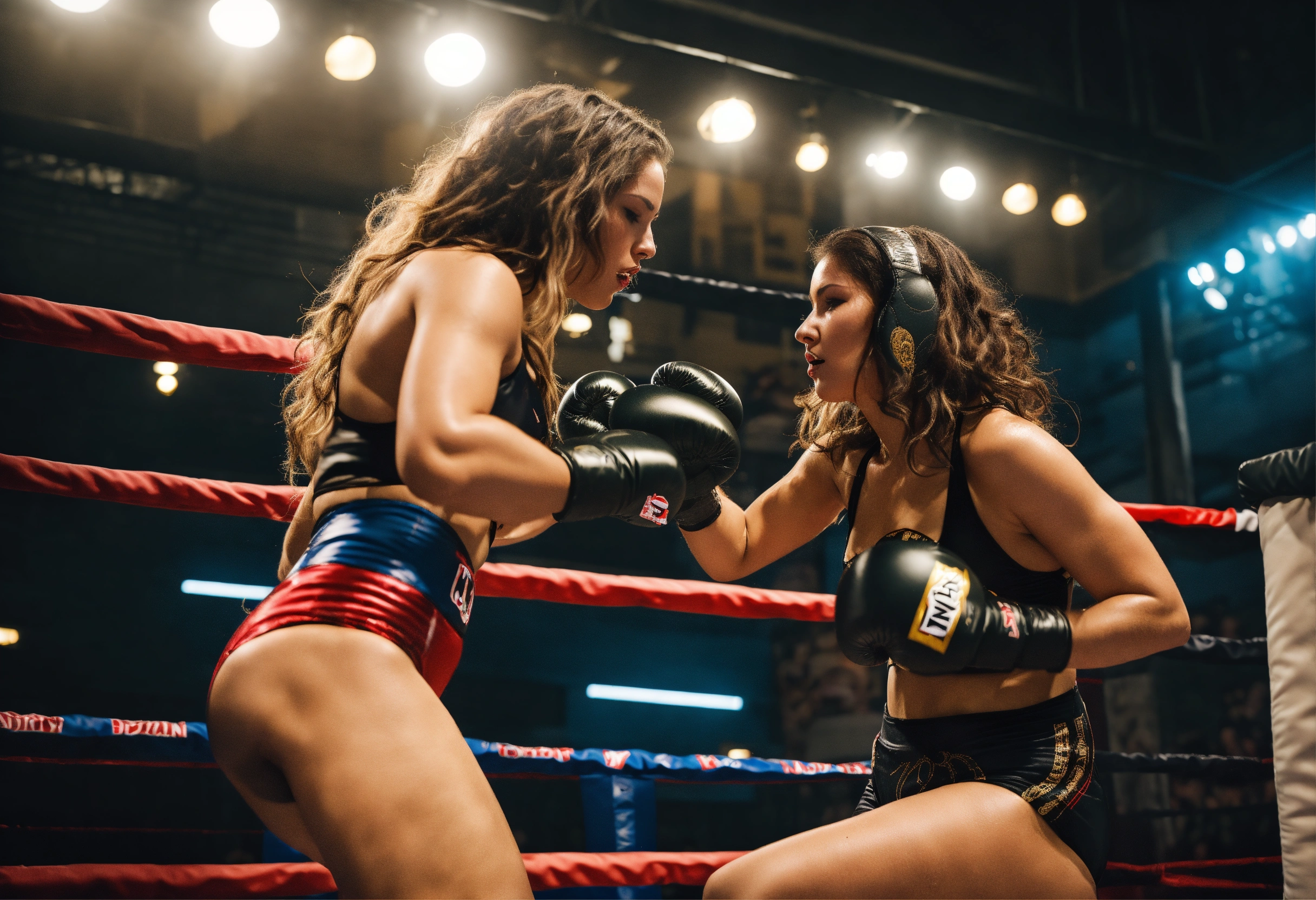 Lexica - Two females, in monokini, 38D cup, fighting in boxing ring