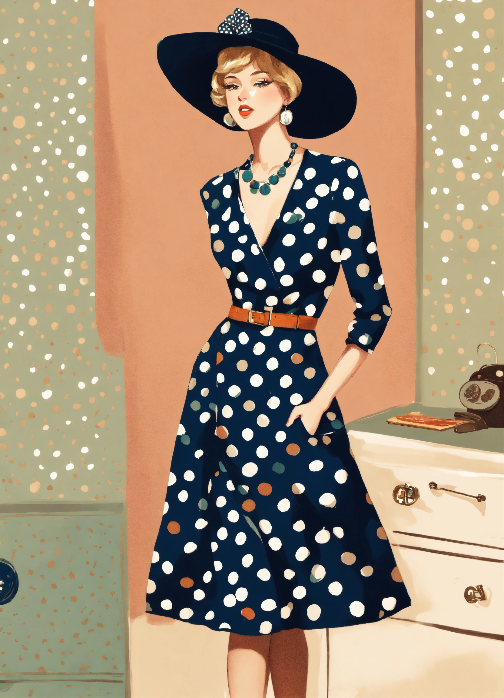 Lexica A vintage inspired fashion illustration featuring a polka dot midi dress and retro accessories Retro fashion Nostalgic style Illustration