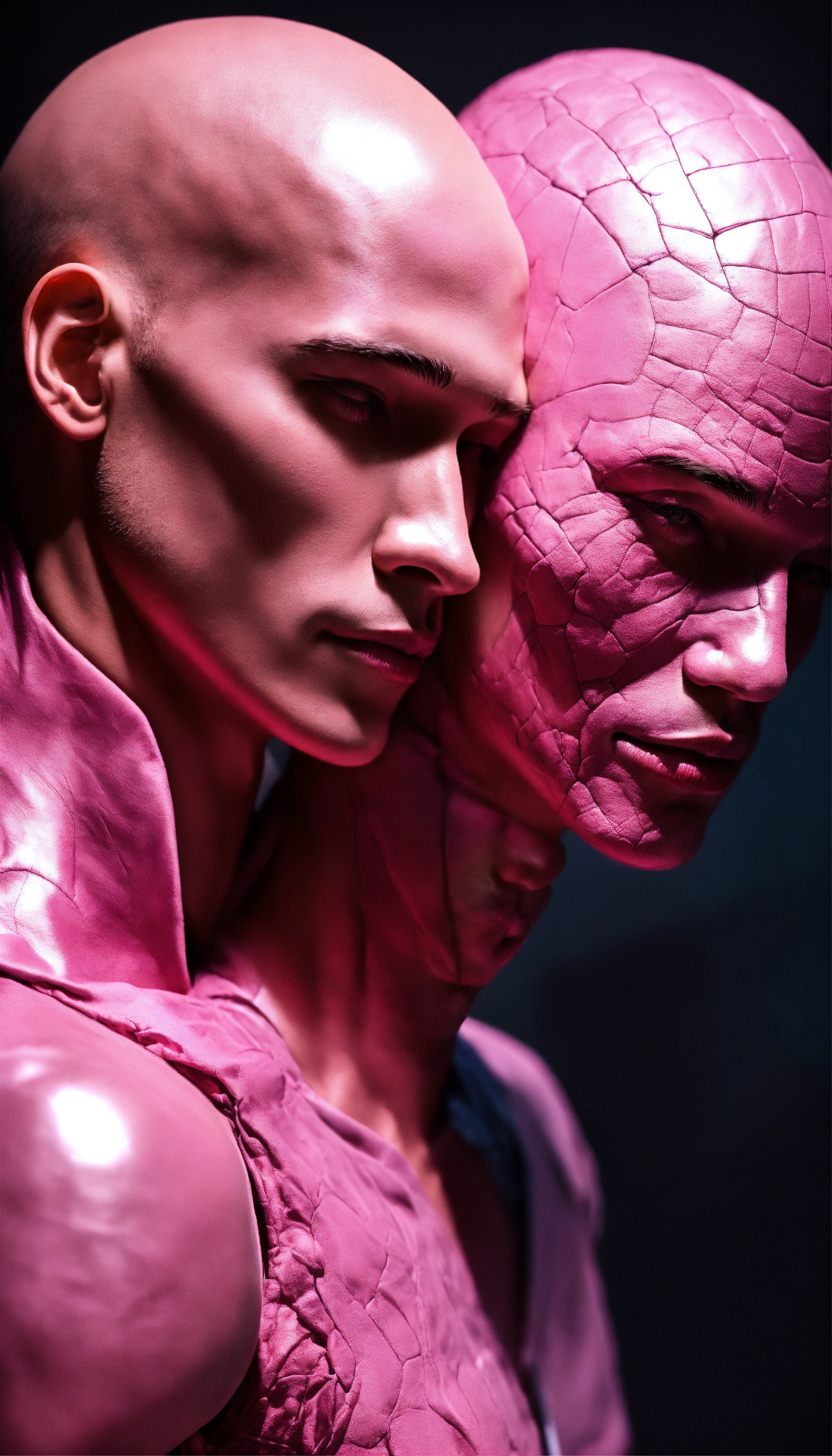 Lexica - Humanoid male with pink skin and a human male embracing ...