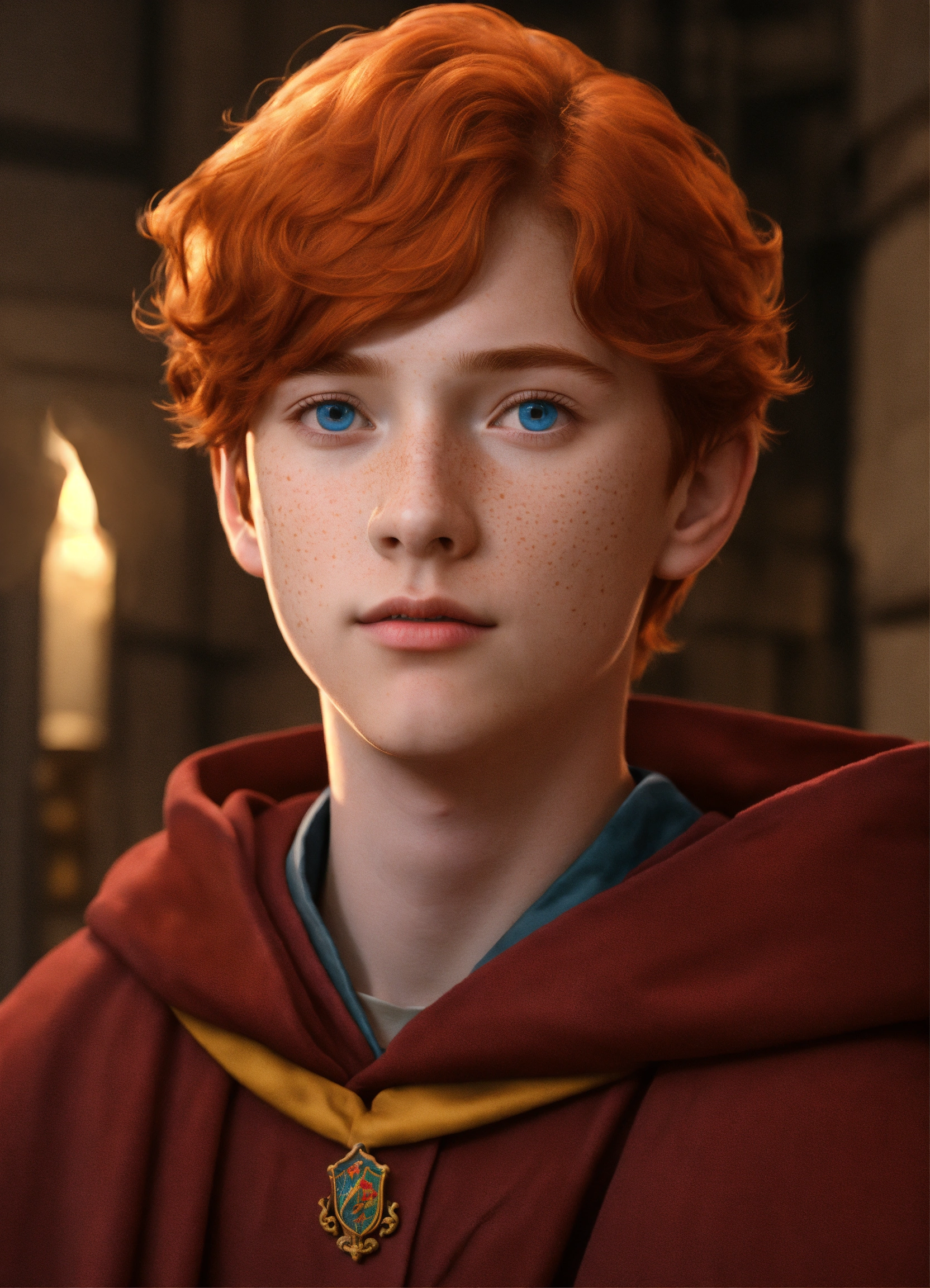 Lexica - 13-year-old male, red hair, freckles, blue eyes, long nose, tall  lanky, Gryffindor robes, facing camera, facing forward, animated