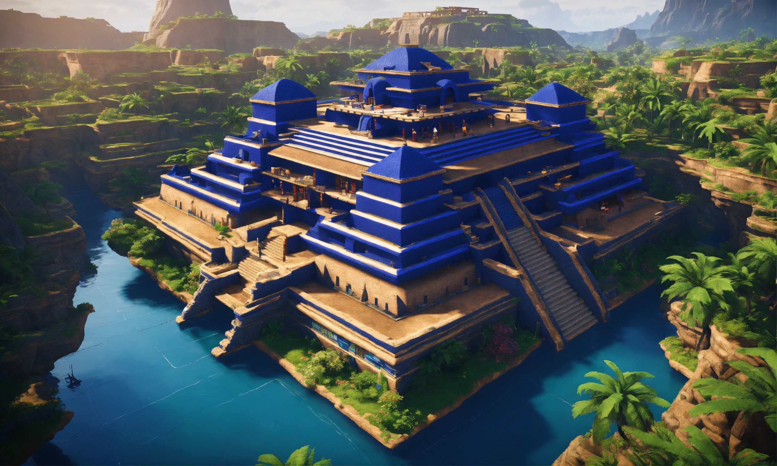 Lexica - Full image of a massive Aztec sci fi palace with a navy blue ...