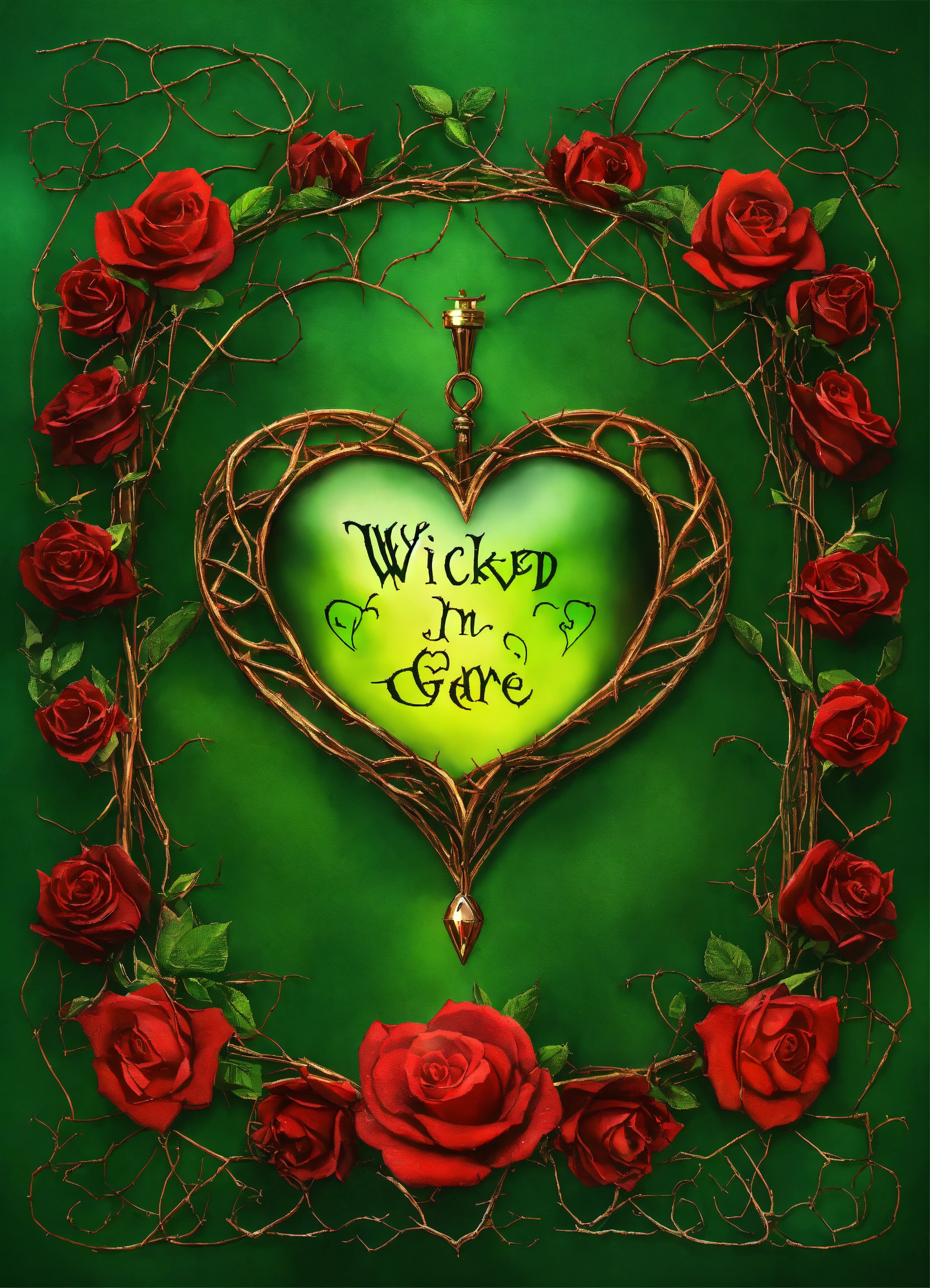 Lexica - A heart of fire with roses and thorns saying wicked game in green.