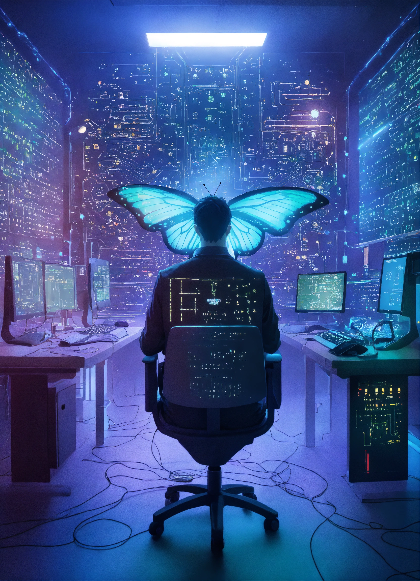 Lexica - A man with butterfly wings, sitting in a chair and writing on ...