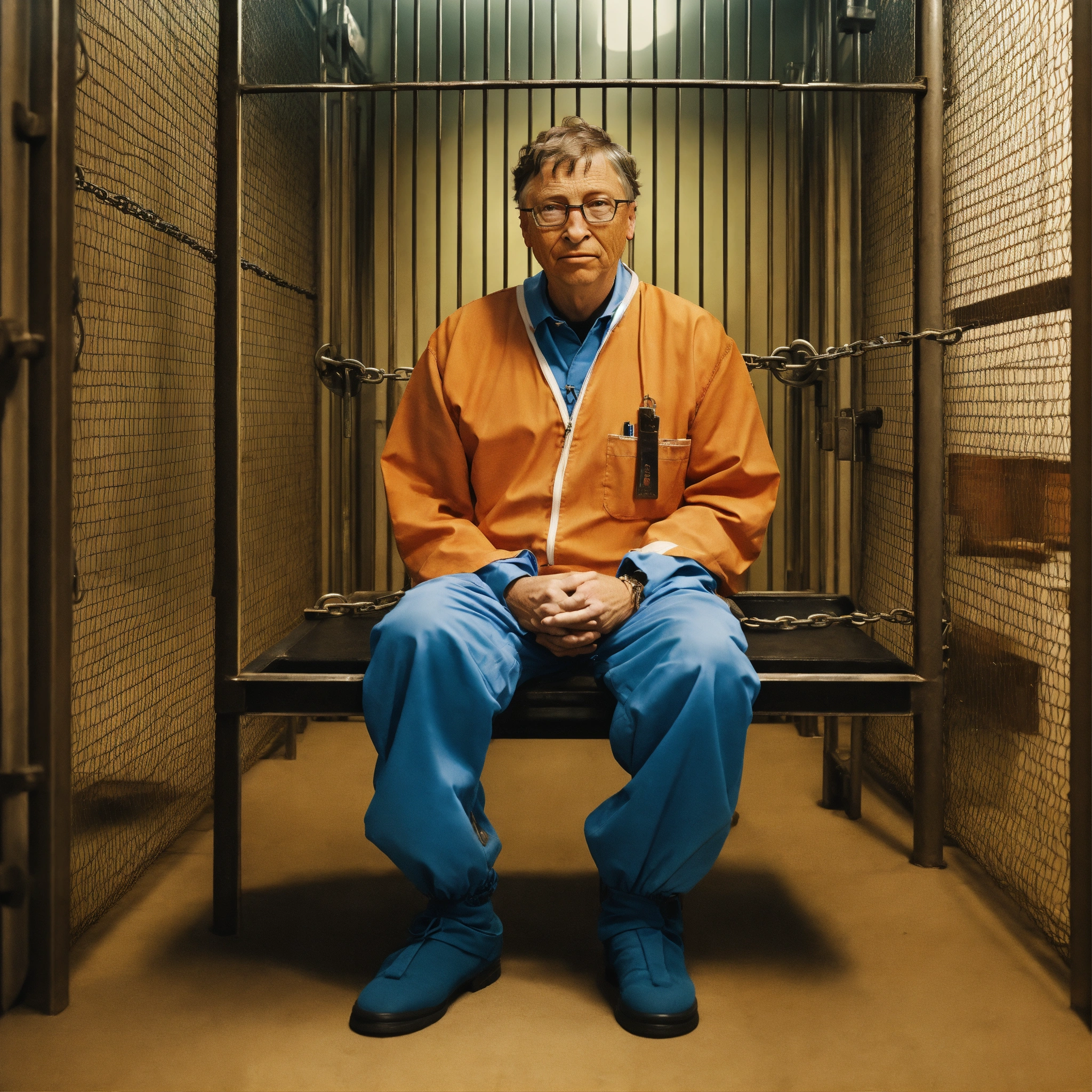 Lexica Bill Gates as a prisoner in jail cell, death row, sitting in
