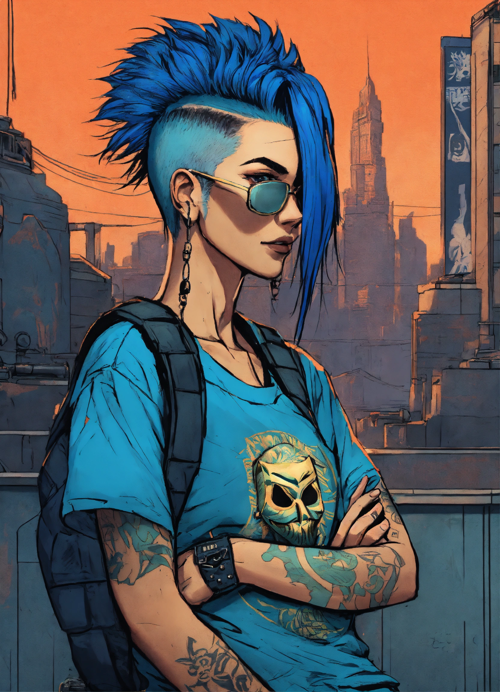 Lexica Cyberpunk Blue Haired Mohawk Female Gang Member Dangerous With T Shirt That Has A 0515