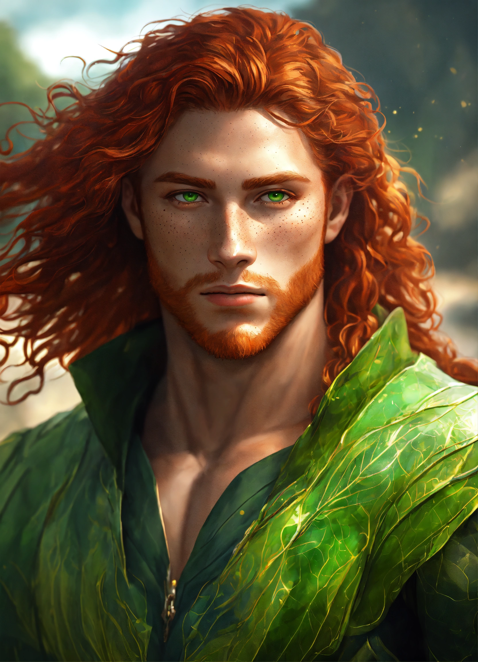 Lexica - 25-year-young man with long red wavy hair and matching ...