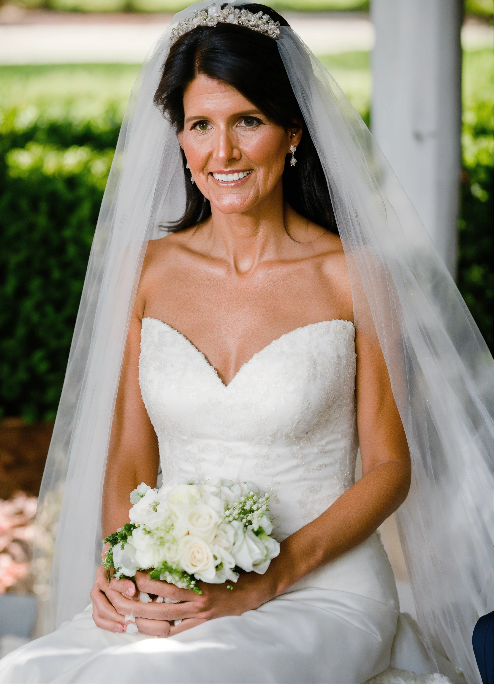 Lexica Closeup of Nikki Haley in a Beautiful white wedding dress