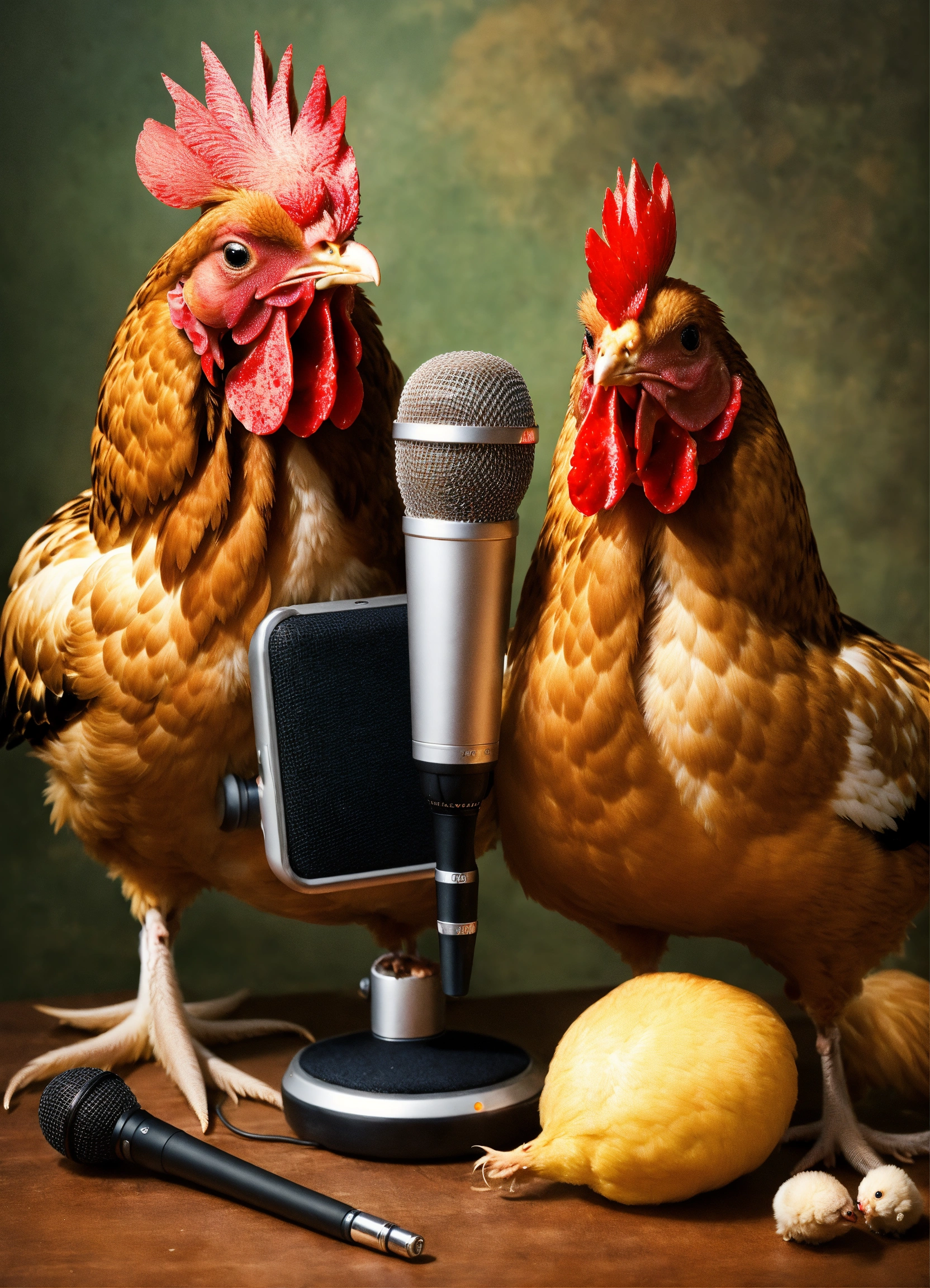 Lexica Photorealistic picture of chickens with a microphone and