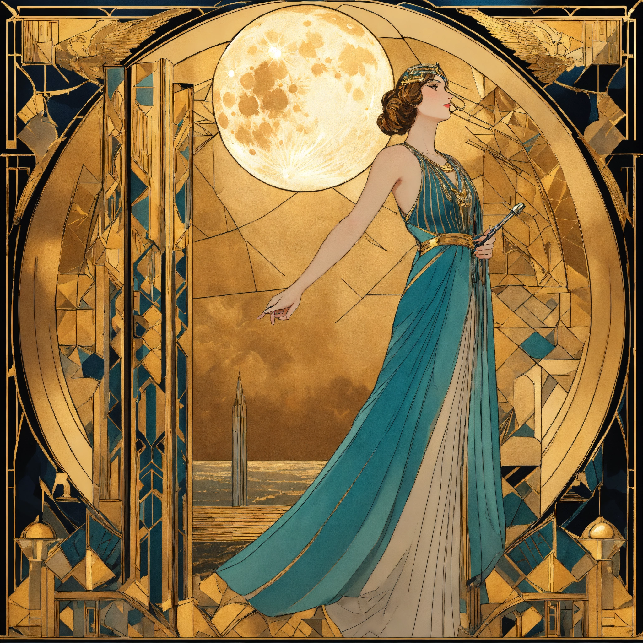 Lexica - A beatiful woman holdig the moon in héros armes, golden art ...