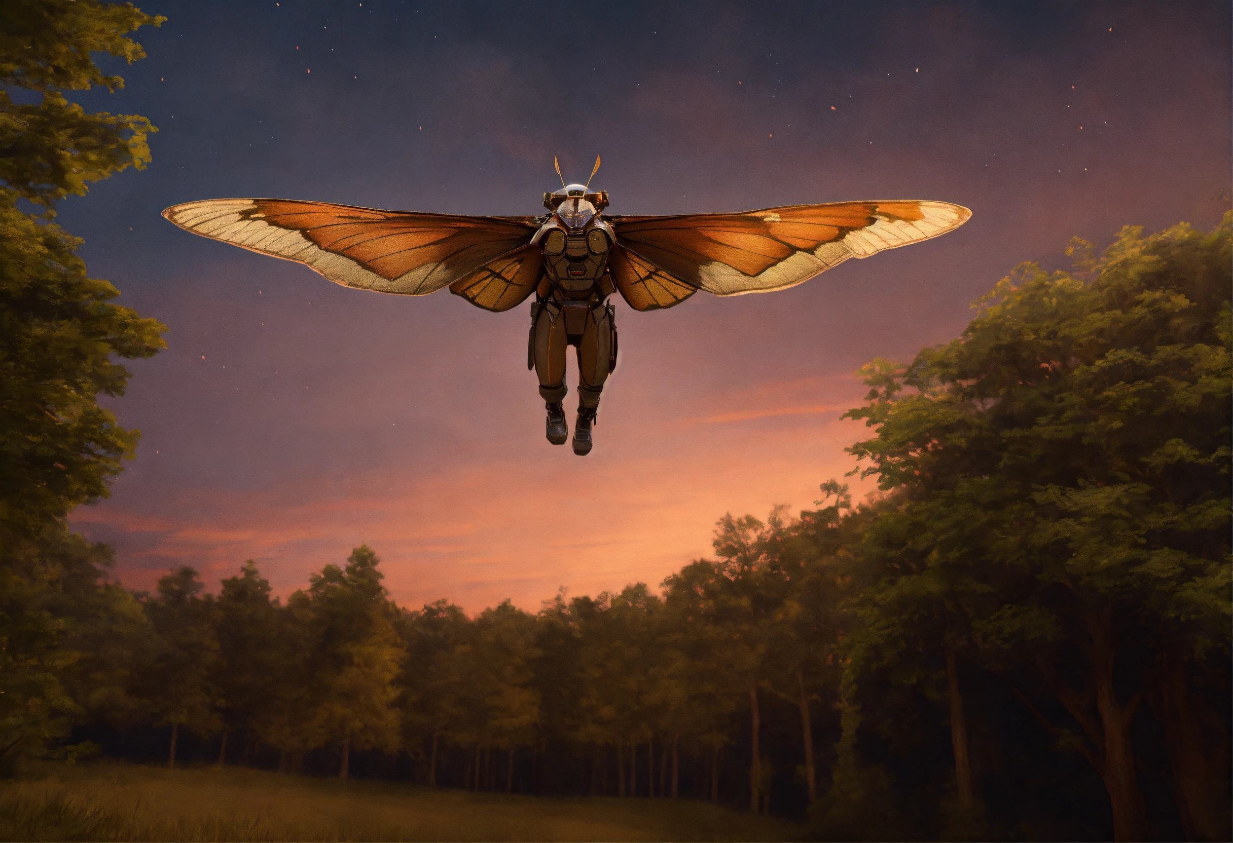 Lexica - Photorealistic humanoid moth-man flying over trees as dusk sets in