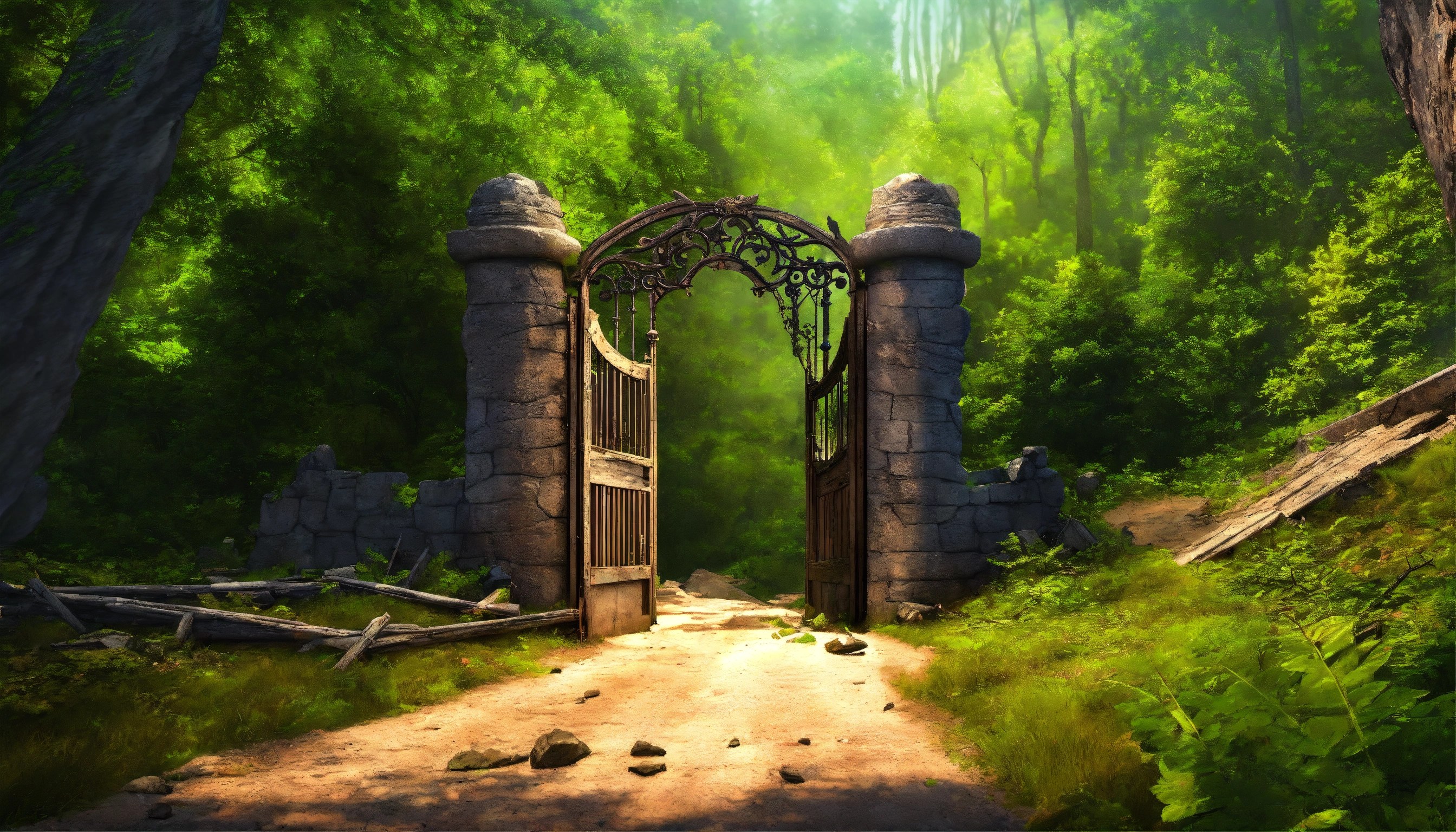 Lexica - Fantasy ransacked palisade gate with structural damage in a ...