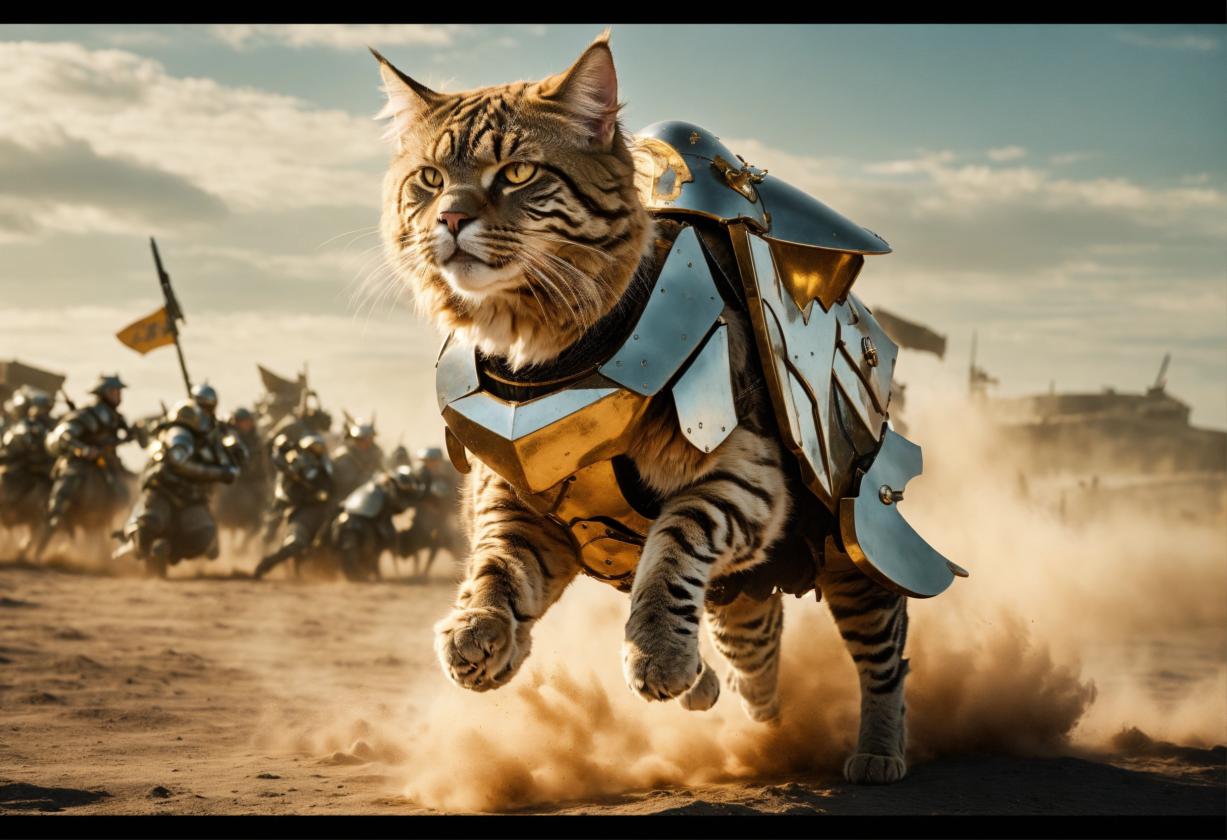 Lexica - A battle cat wearing armor, running across a battlefield ...