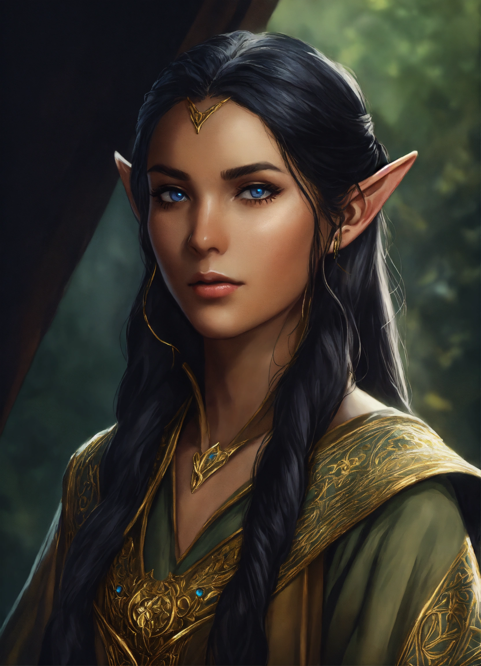 Lexica - Elf woman, short ears, adventure, dark complexion, black hair ...