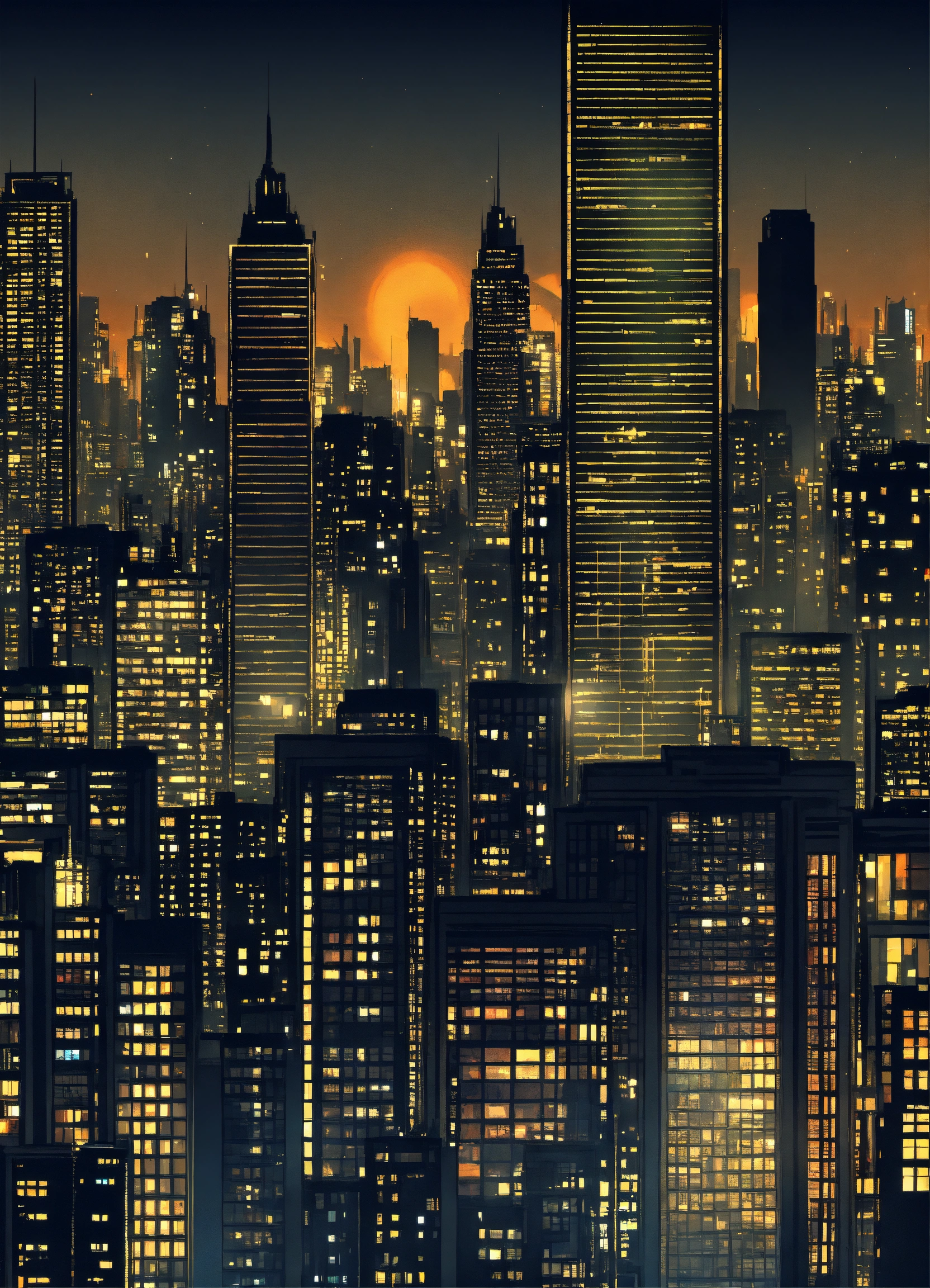 Lexica - Metropolis with tall buildings with night lighting, vector