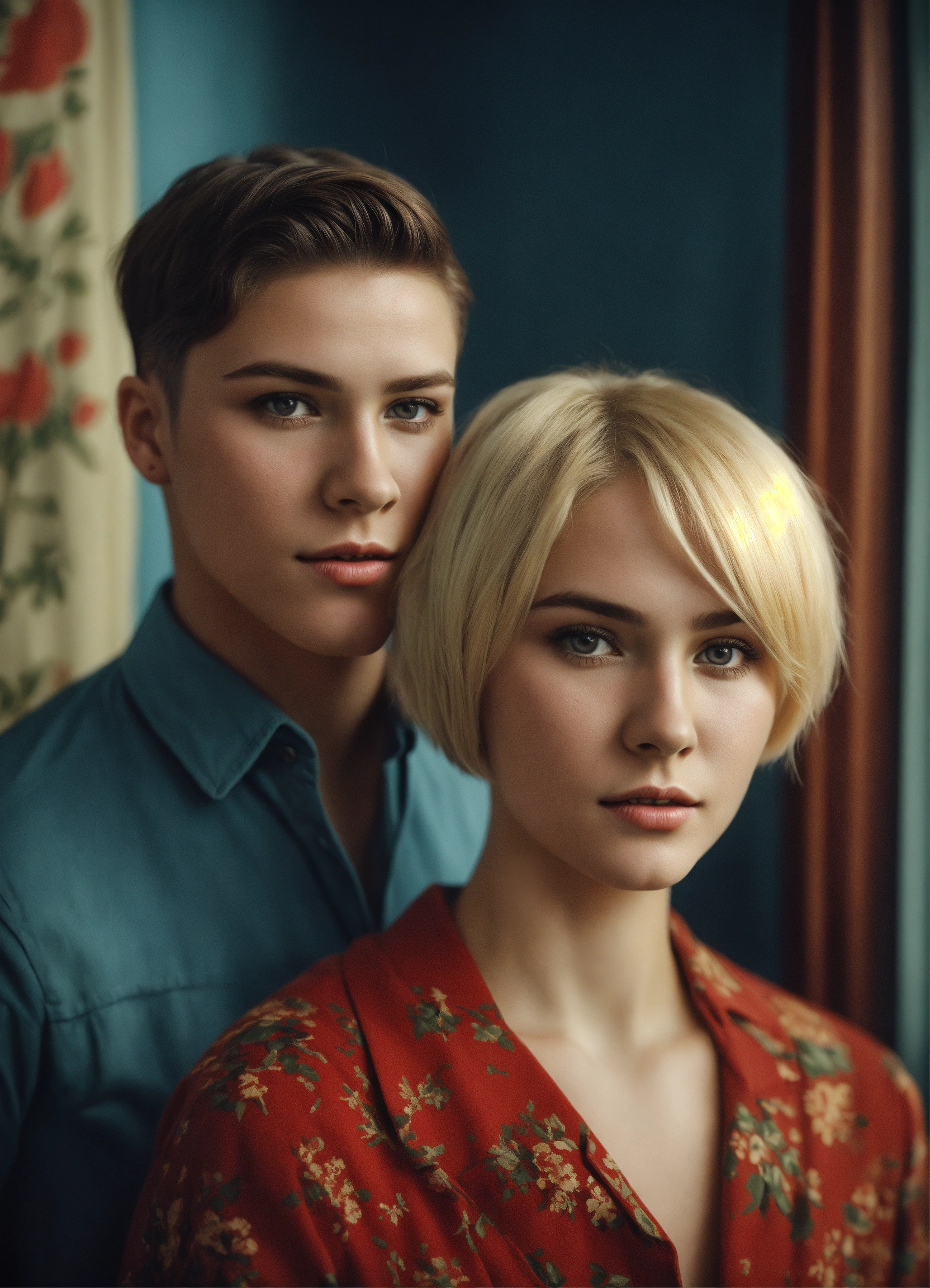 Lexica - A young beautiful girl with very short blonde hair with a young  handsome man with dark hair, Soviet Union times, detailed image, realistic,  ...