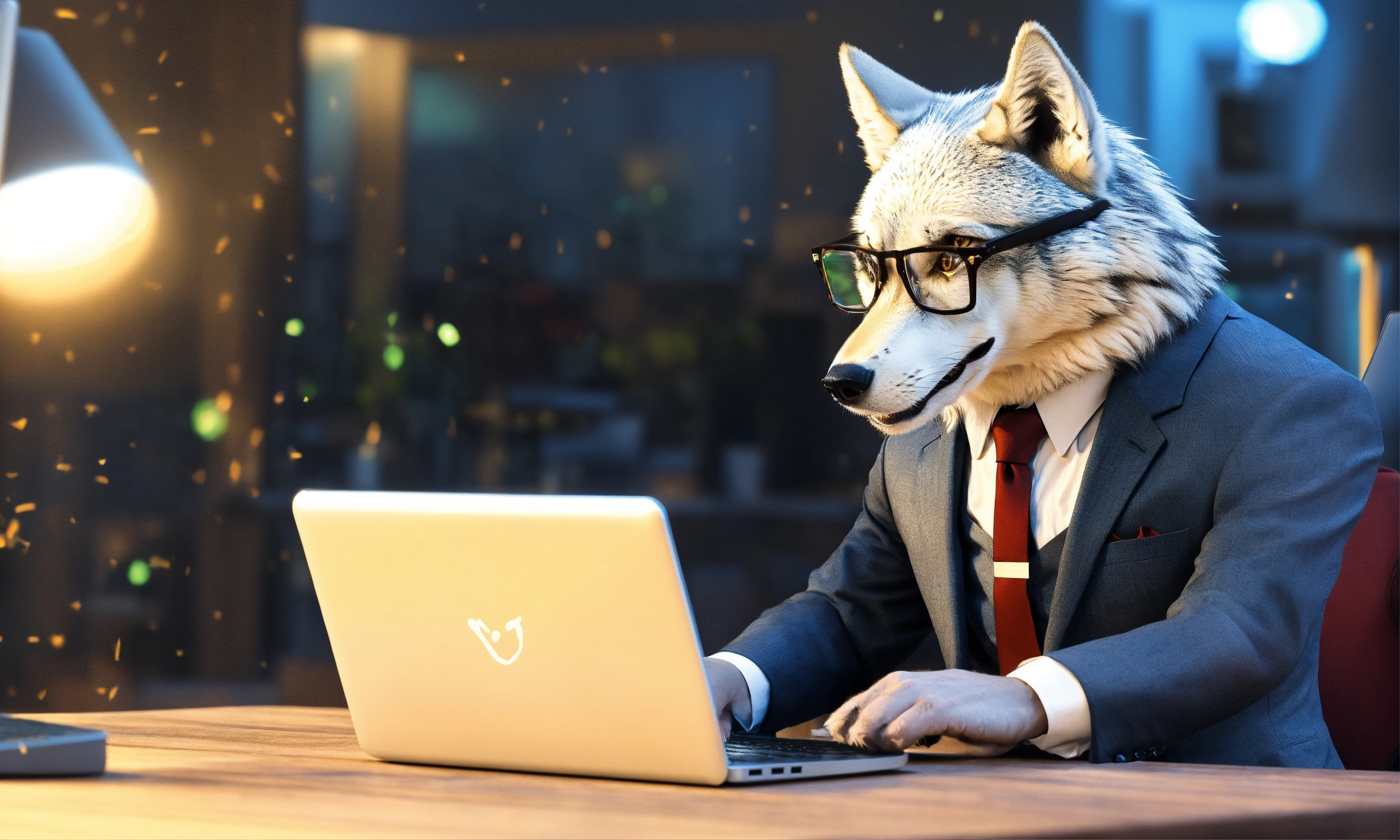 Lexica - A wolf wearing a suit with glasses coding on computer