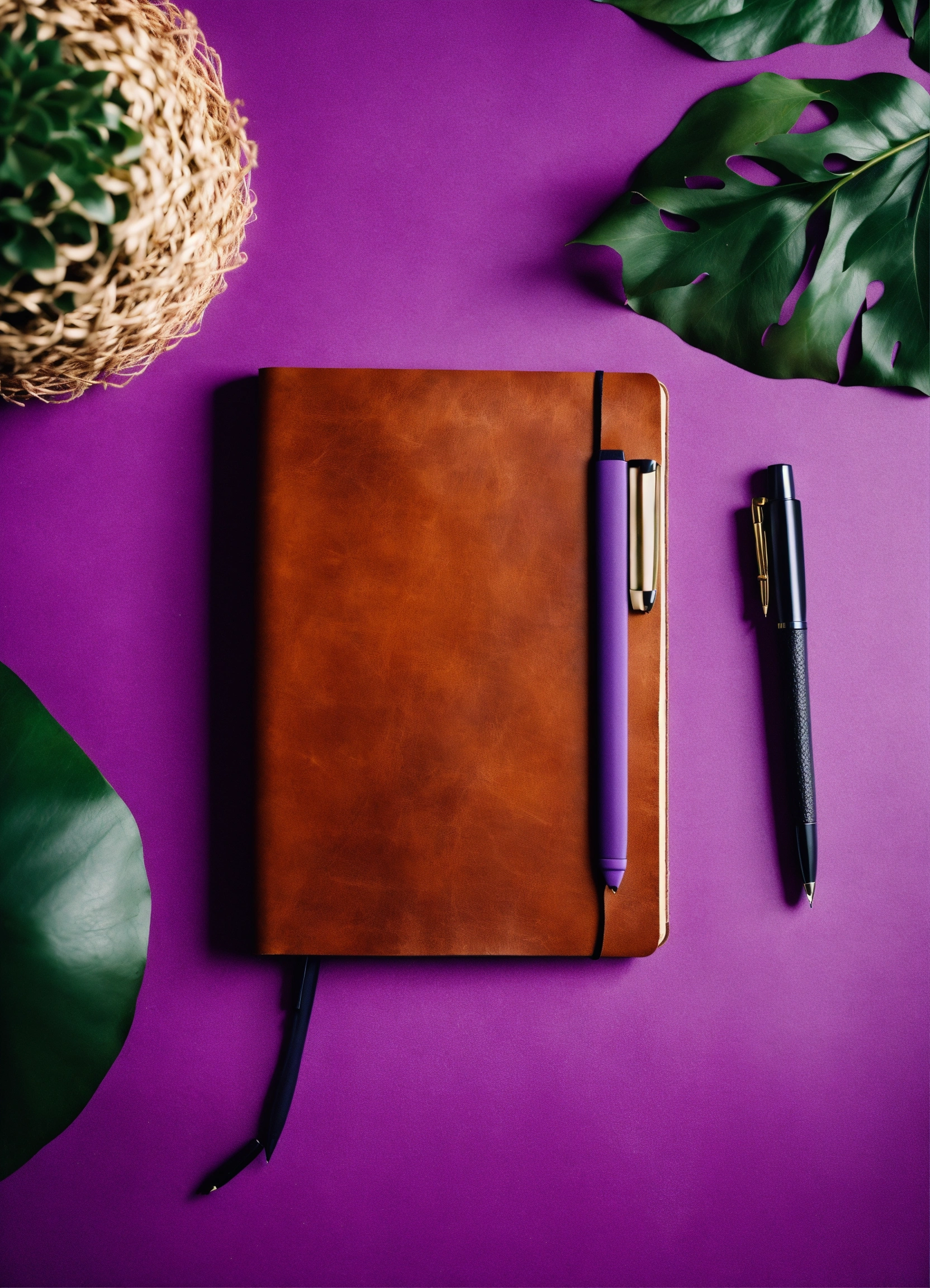 Lexica Leather notebook with pen lying on a white table, top view