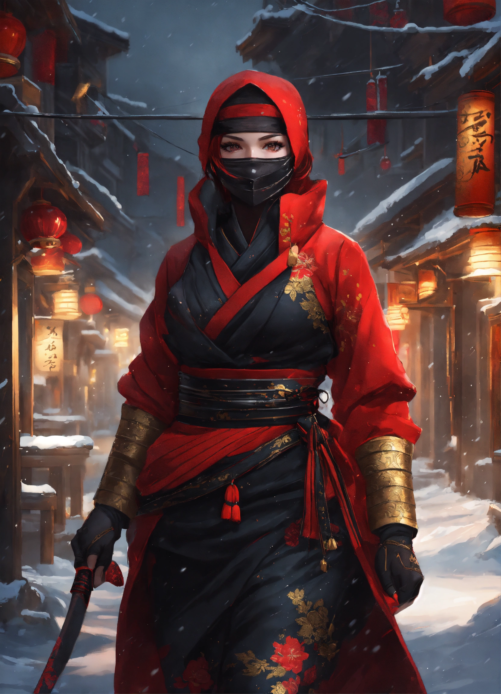 Lexica - 8k wallpaper of a mysterious beautiful kunoichi ninja wearing black,  red, and gold jewelry in the streets of a dark snowy town in russia, by...