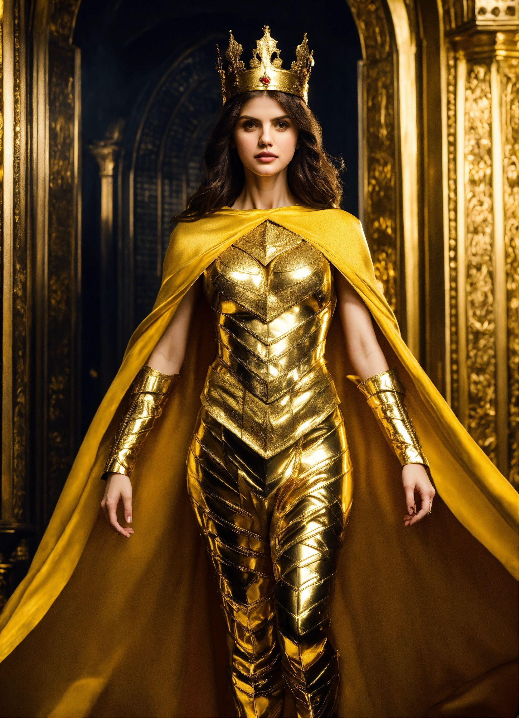 Lexica - Alexandra Daddario as gorgeous skinny goddess in golden armor with  golden cape and crown, full body portrait