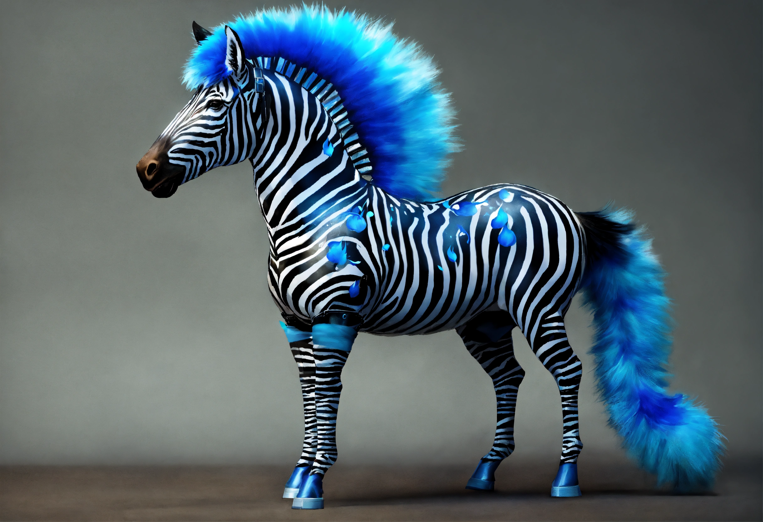 Lexica - Zebra with riding gear, with a mane and tail of blue flame