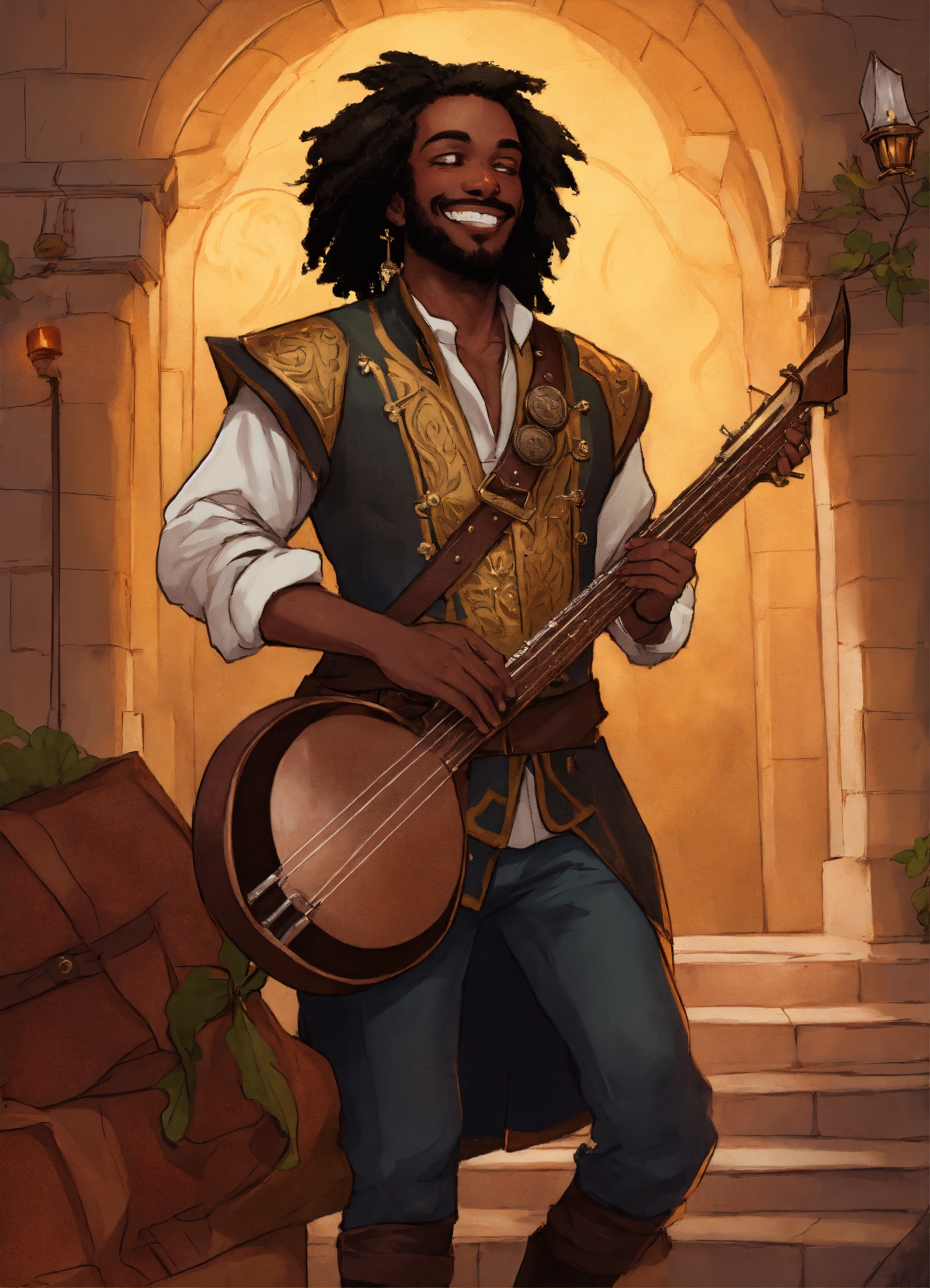 Lexica - A grinning black bard entertainer, fantasy setting, graphic ...