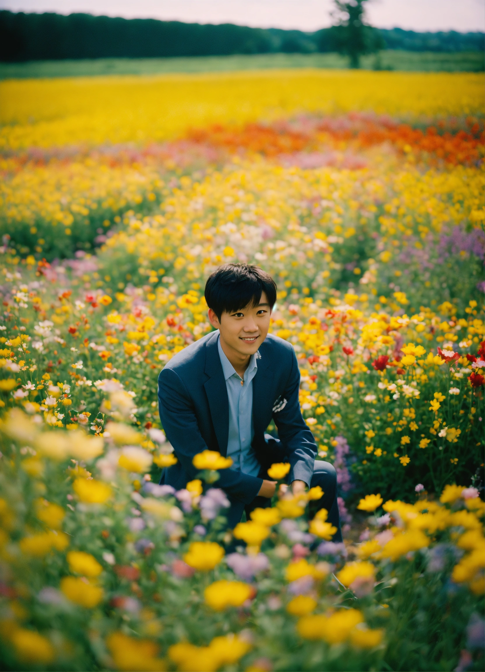 Lexica - Happy Shinji Ikari standing in a beautiful field of