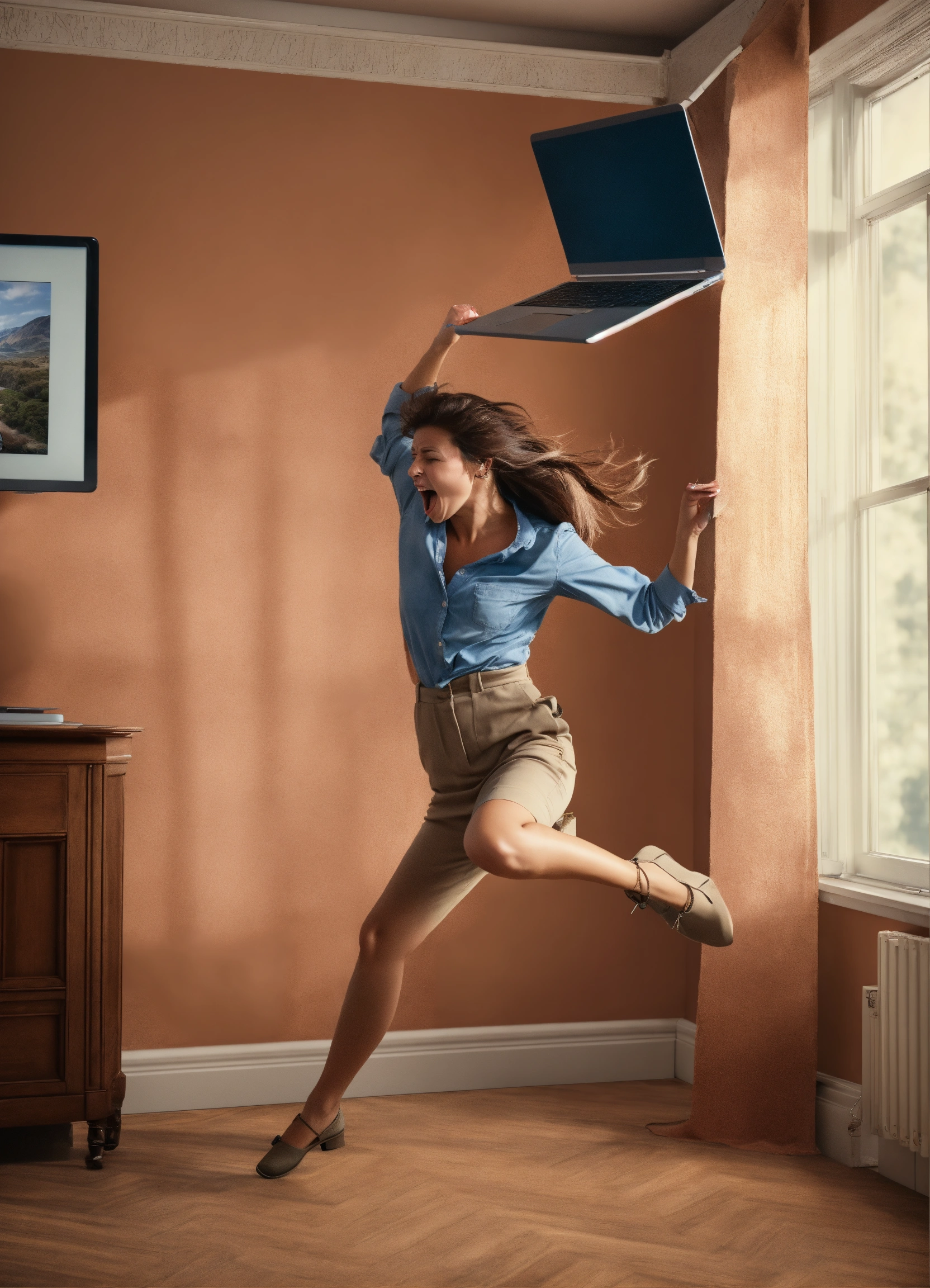 Lexica - Photorealistic image of a woman throwing her laptop into a ...