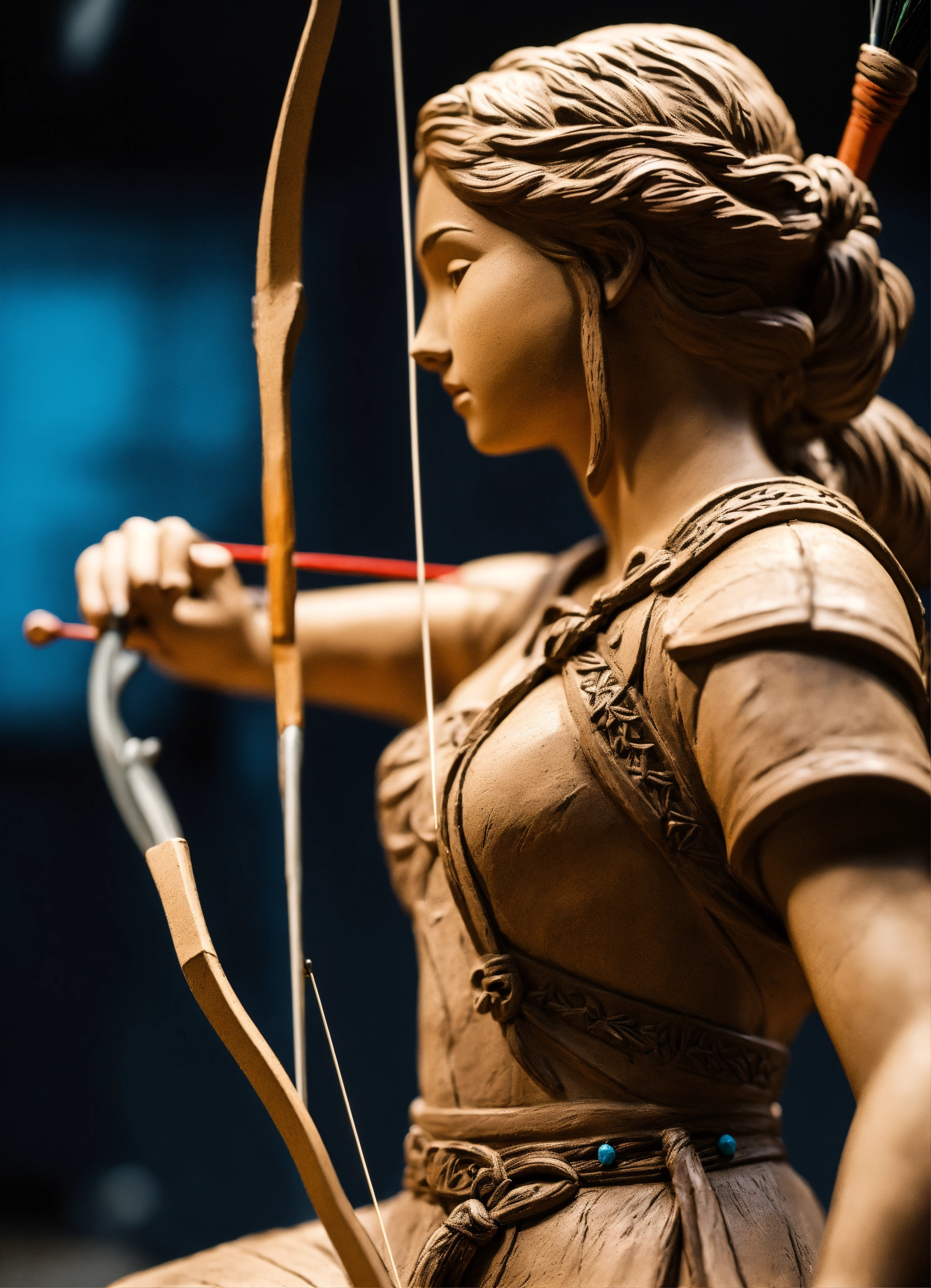 Lexica - Clay sculpture of a beautiful young female archer drawing a bow.