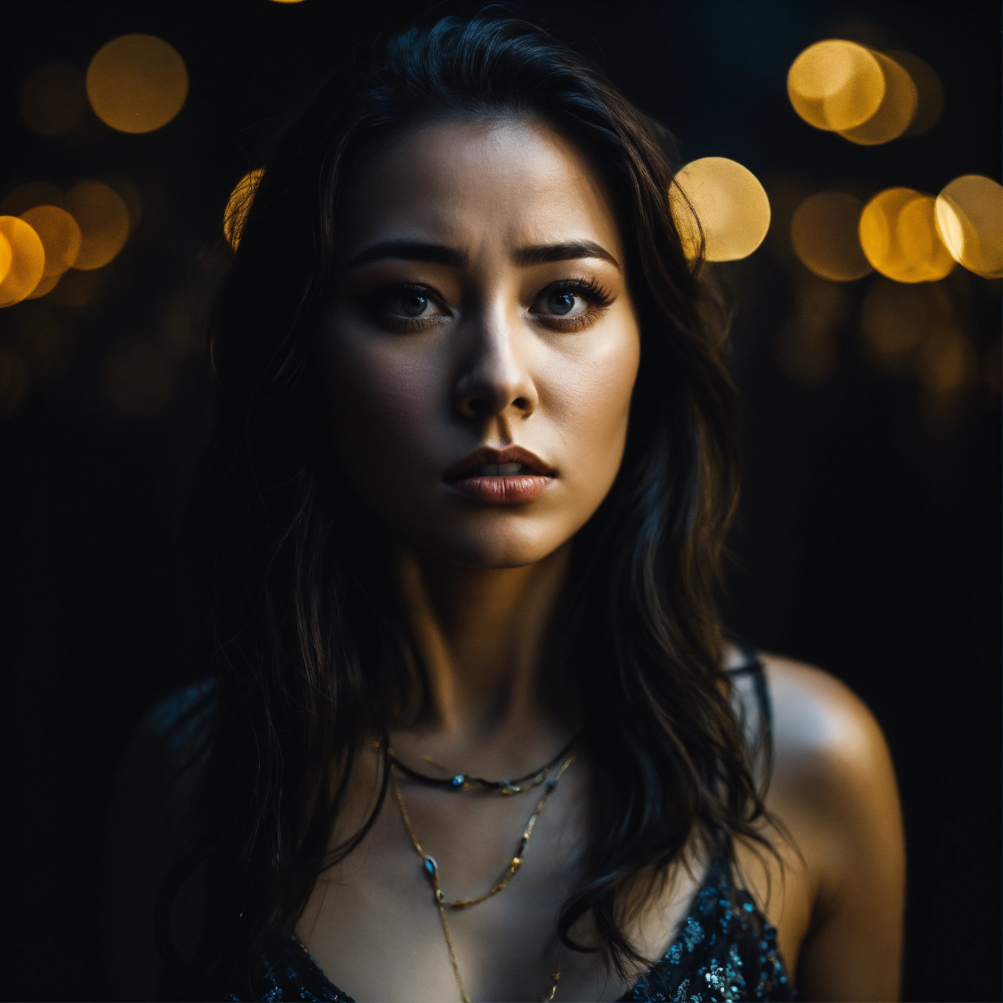 Lexica - We see a woman from the waist up, this woman raised her eyes ...