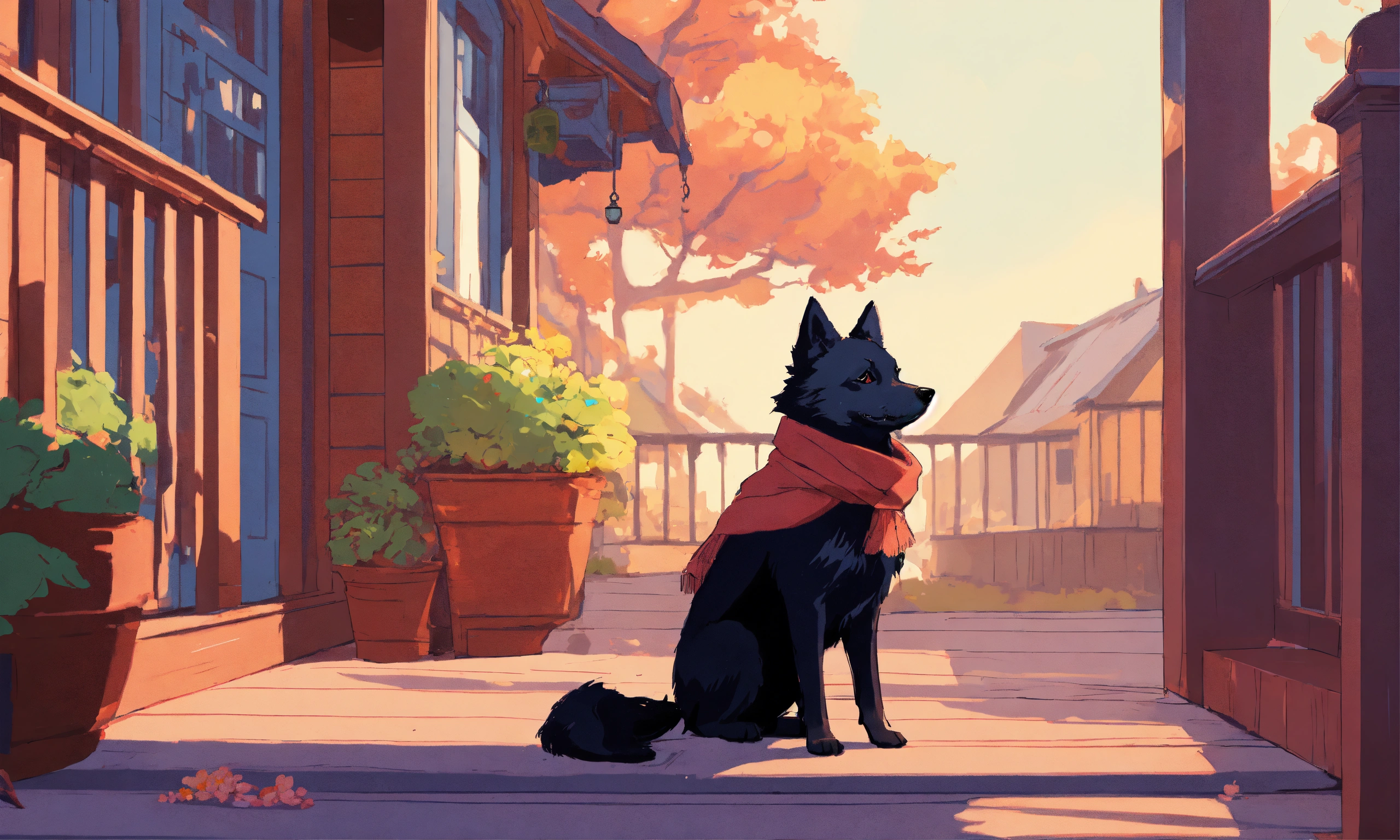 Lexica - Digital art of a schipperke on a porch, wearing a scarf around ...