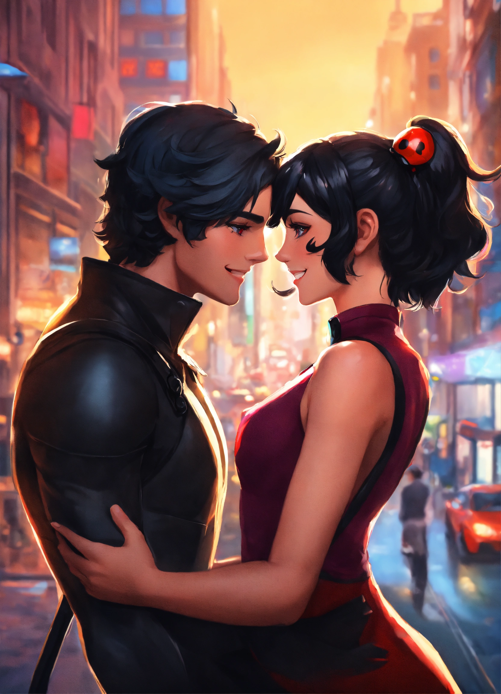 Lexica - Artgerm, cat noir adrien and lady bug marinette with black hair,  looking at each other with a smile, action move, Eiffeltour in background,  ...