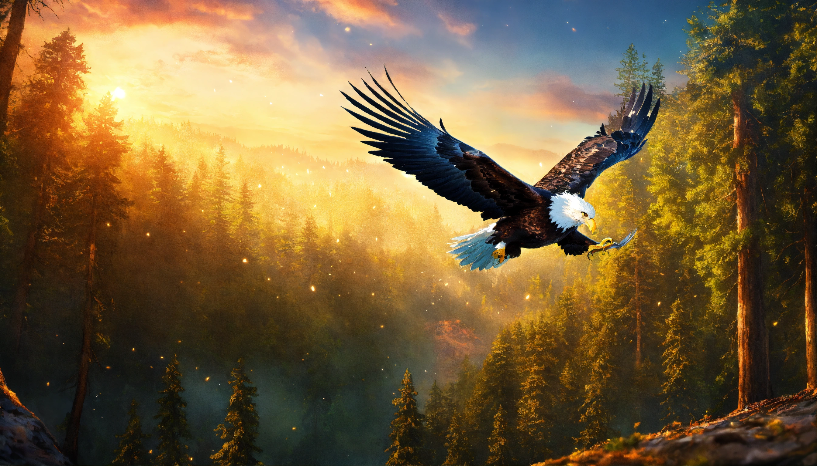 Lexica - A bald eagle flying in the sky over a magical forest