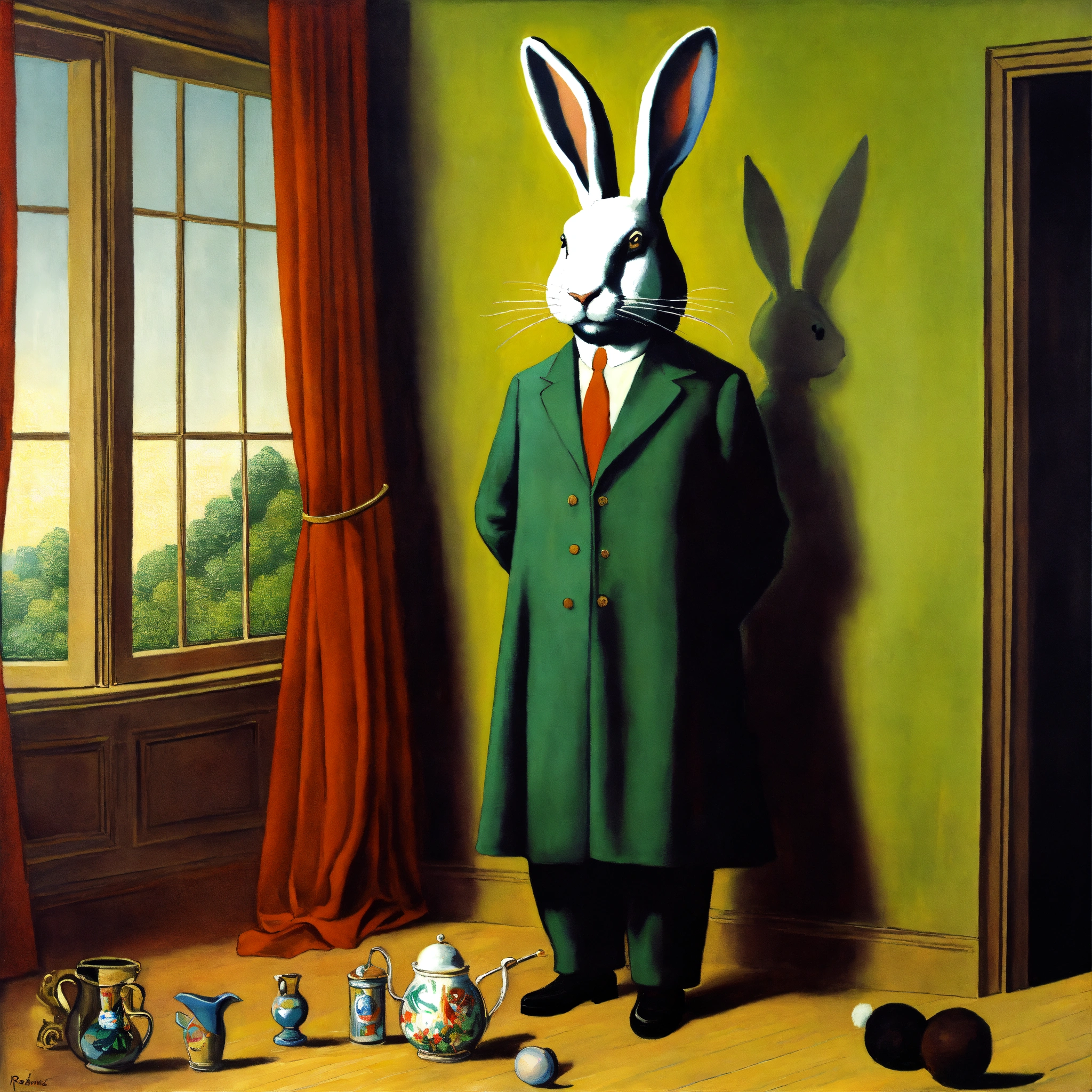 Lexica - Magician, painted by Rene Magritte with big magic rabbit