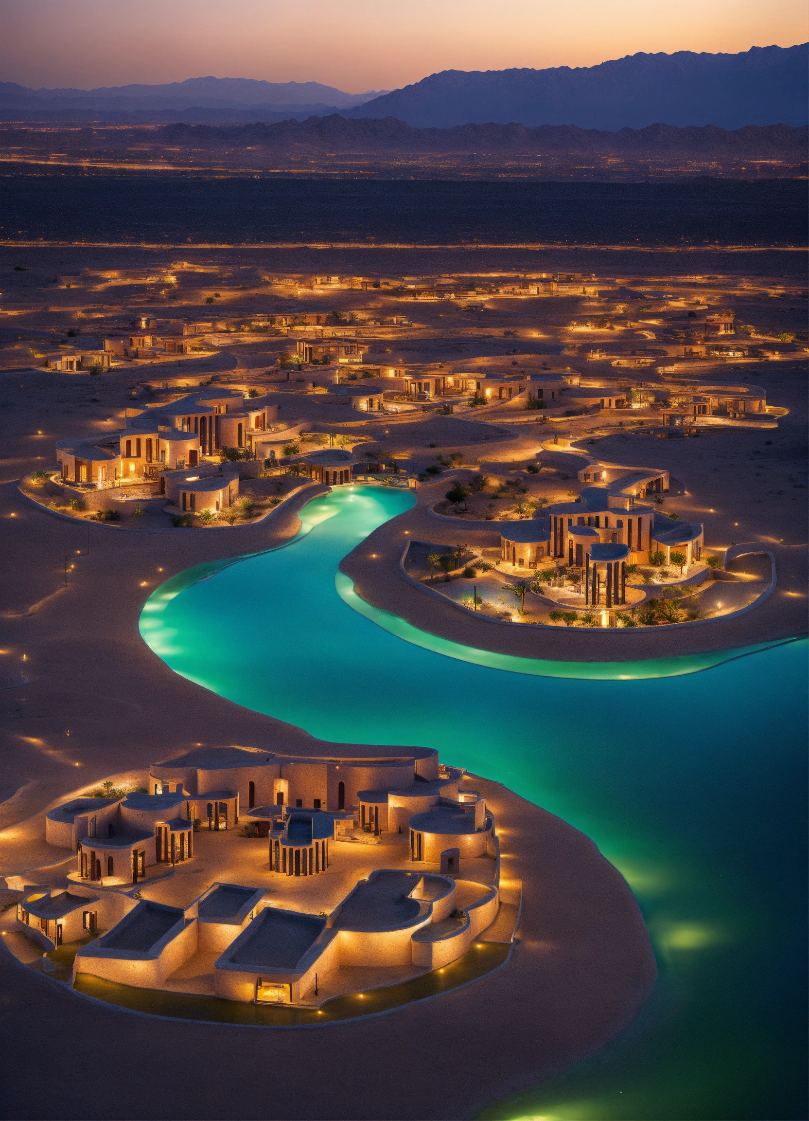 Lexica - A city with villas of multiple floors in the desert with water ...