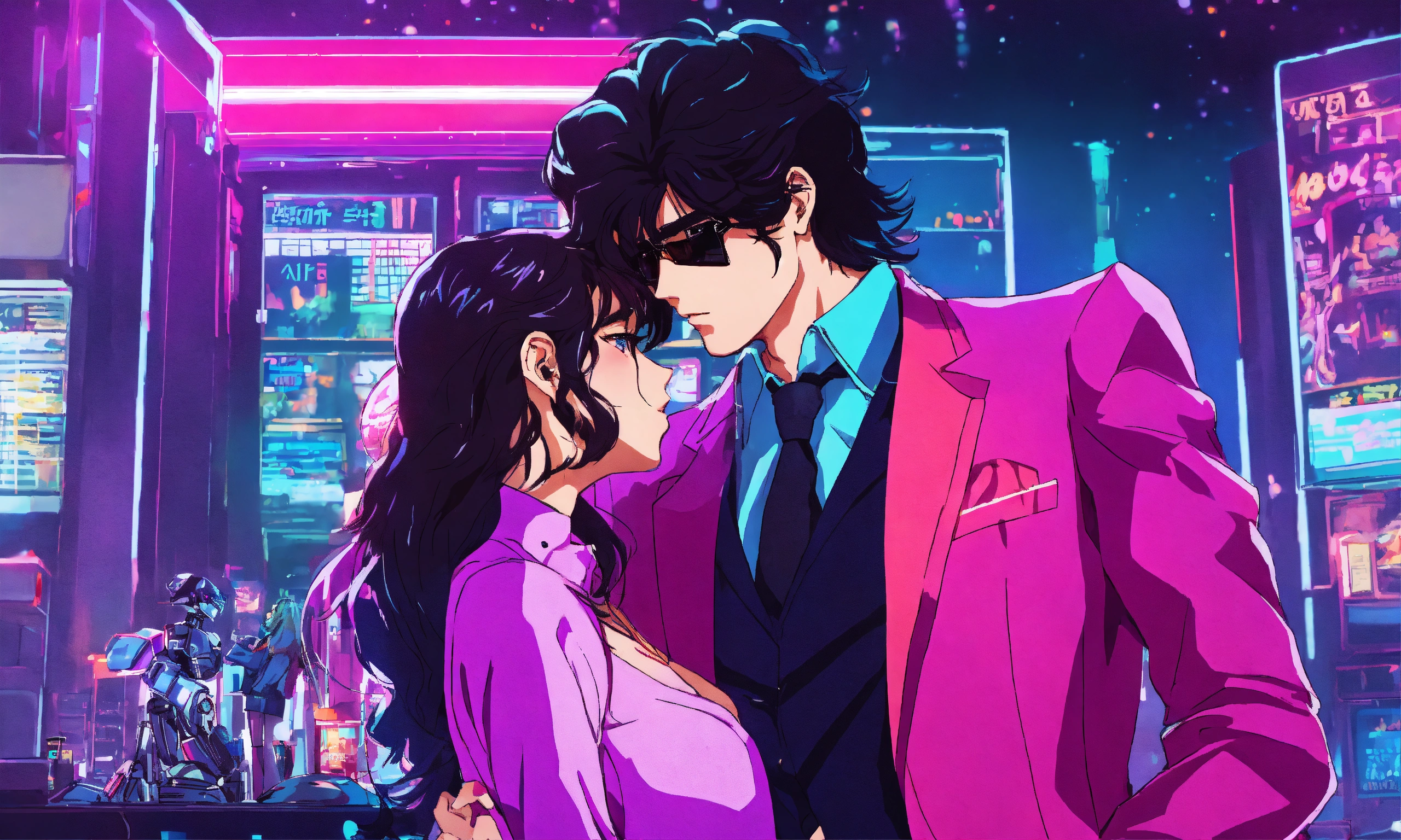 Lexica - 80s anime style, dark-haired man in a purple suit, kissing chrome  robot, night club, neon