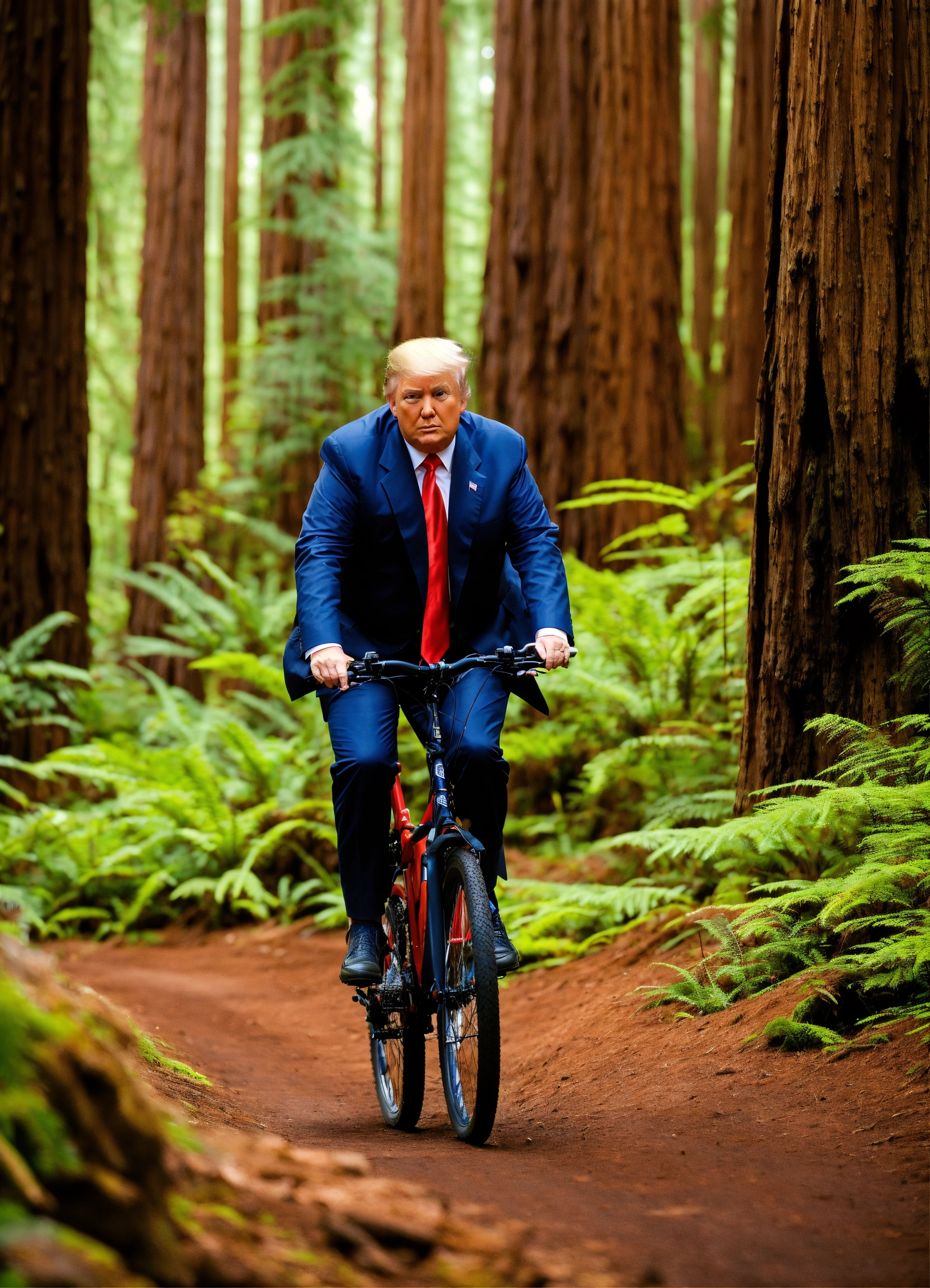 Lexica - Donald trump biking in a redwood forest