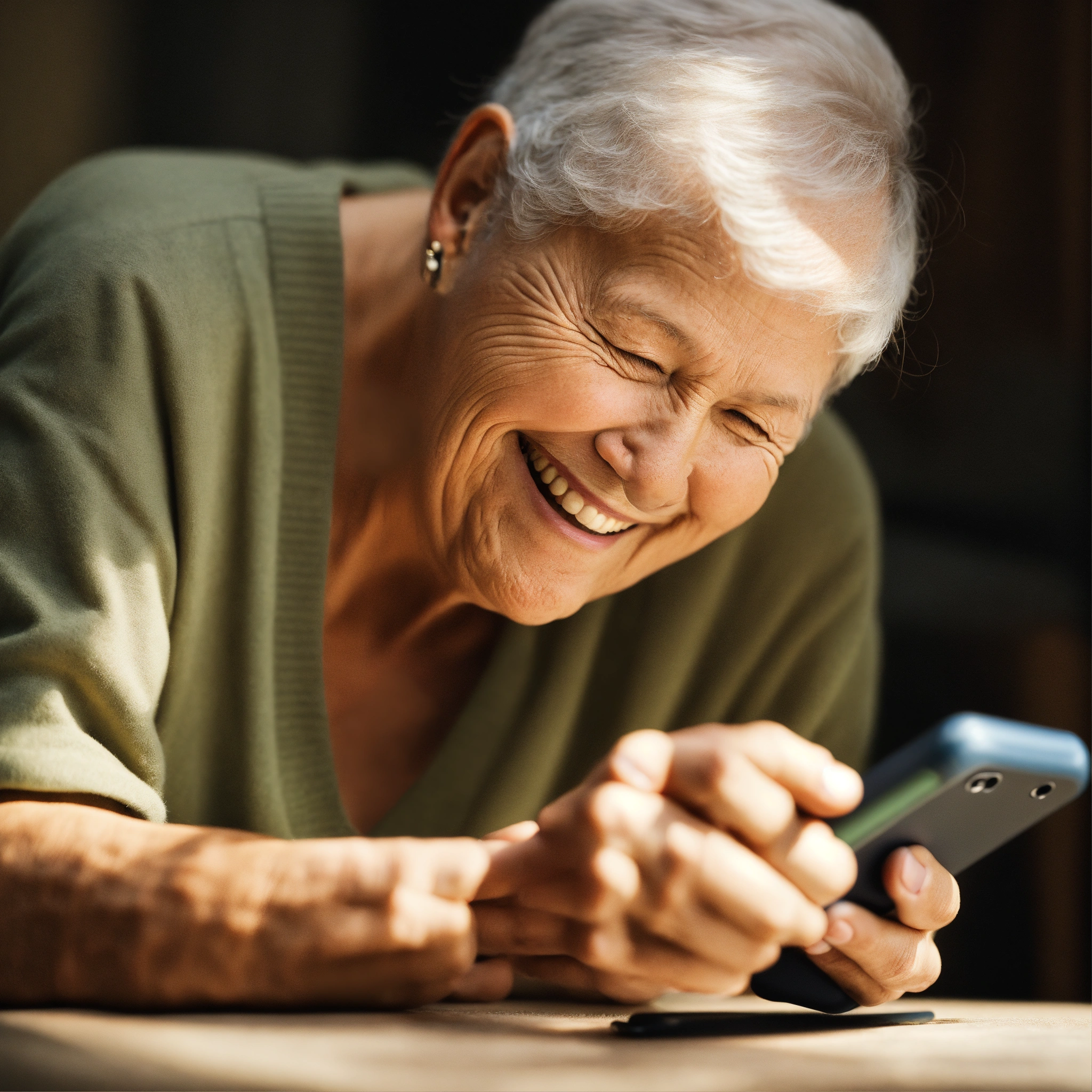Lexica - A photo of a senior using a cell phone. The senior is smiling ...