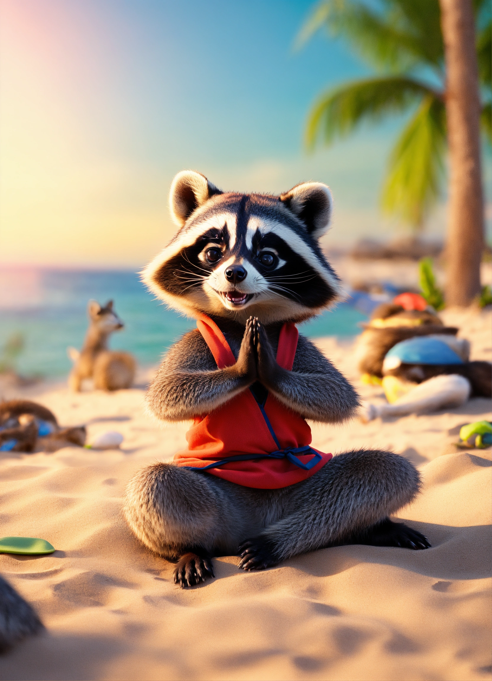 Lexica - Mischievous raccoon doing yoga at the beach, Maya render, 8k ...