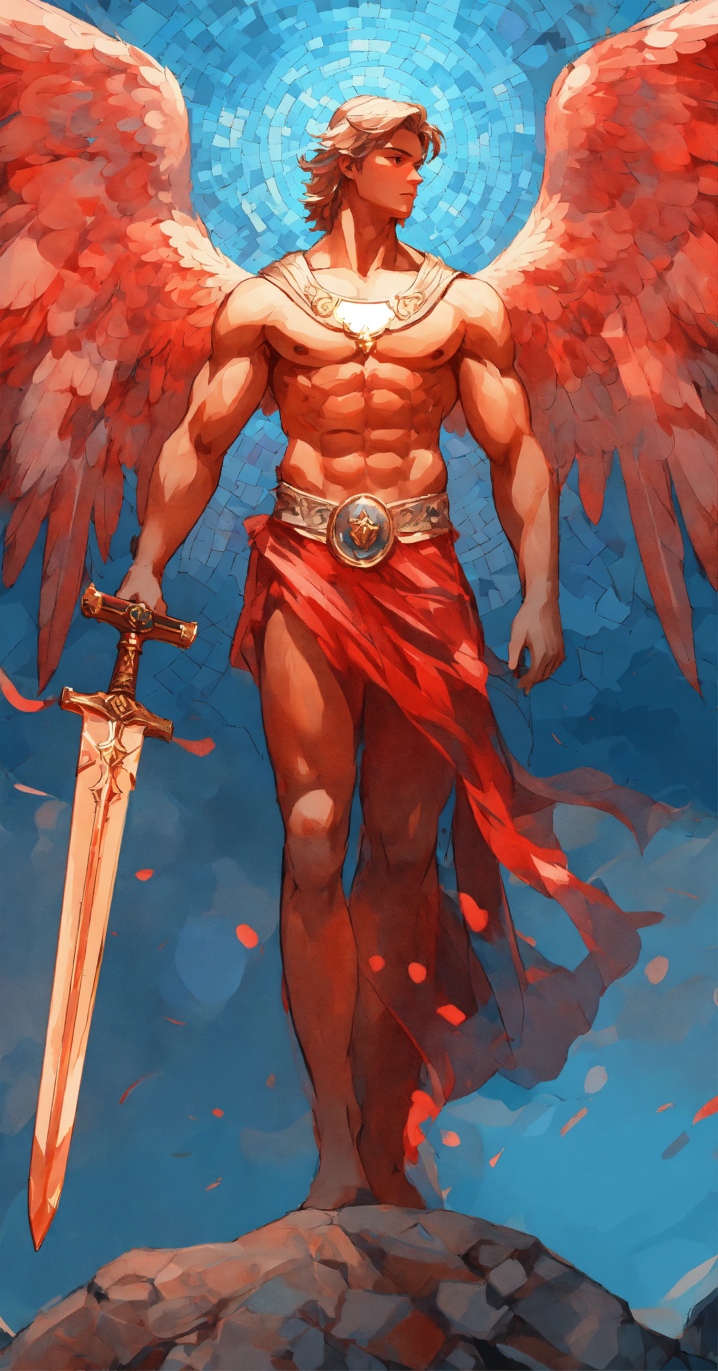 Lexica - Drawing of an angel figure with muscles, wide wings, sword in ...