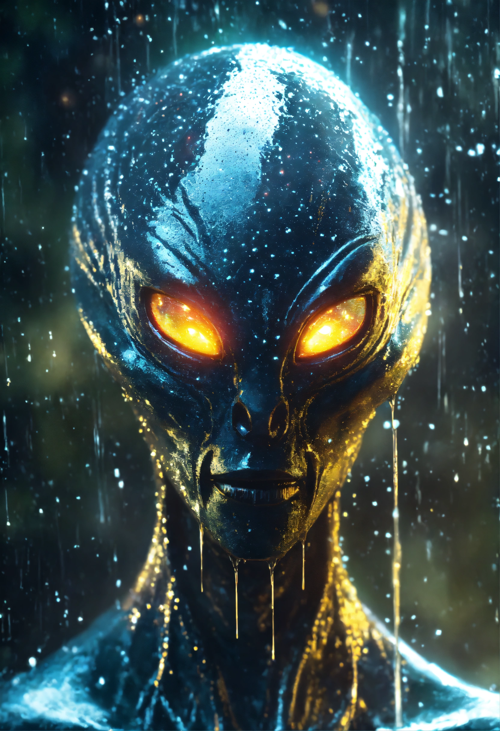 Lexica - An sterotypical alien with glowing eyes, in the pouring rain ...