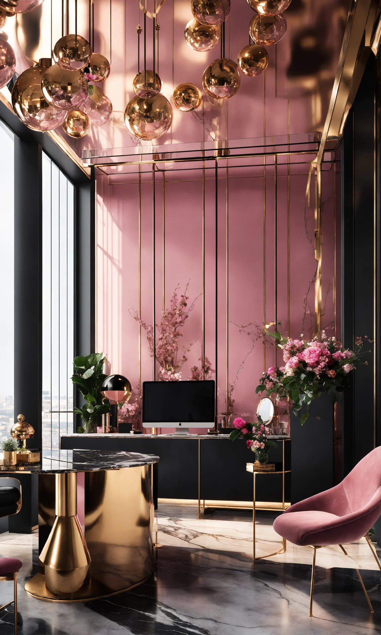 Lexica - A luxury design office room pink glass and black marble with ...